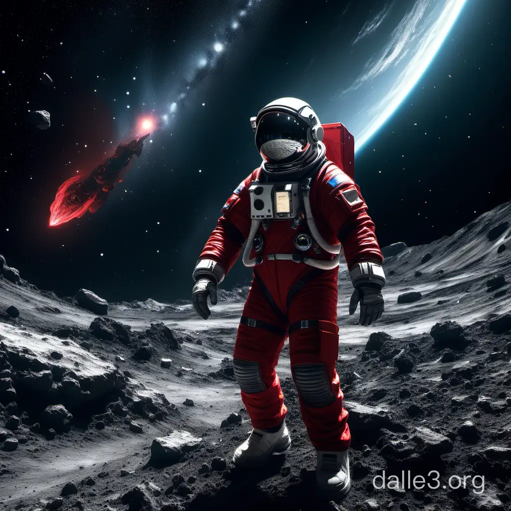 A astronaut in a red mining suit on a comet in a far away galaxy
