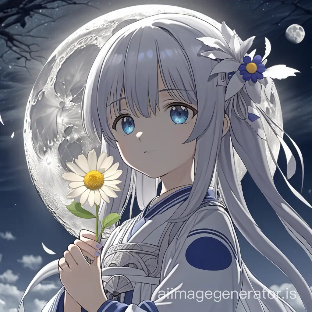anime girl cute face 
 holding a flower made of moon with background of broken moon shards