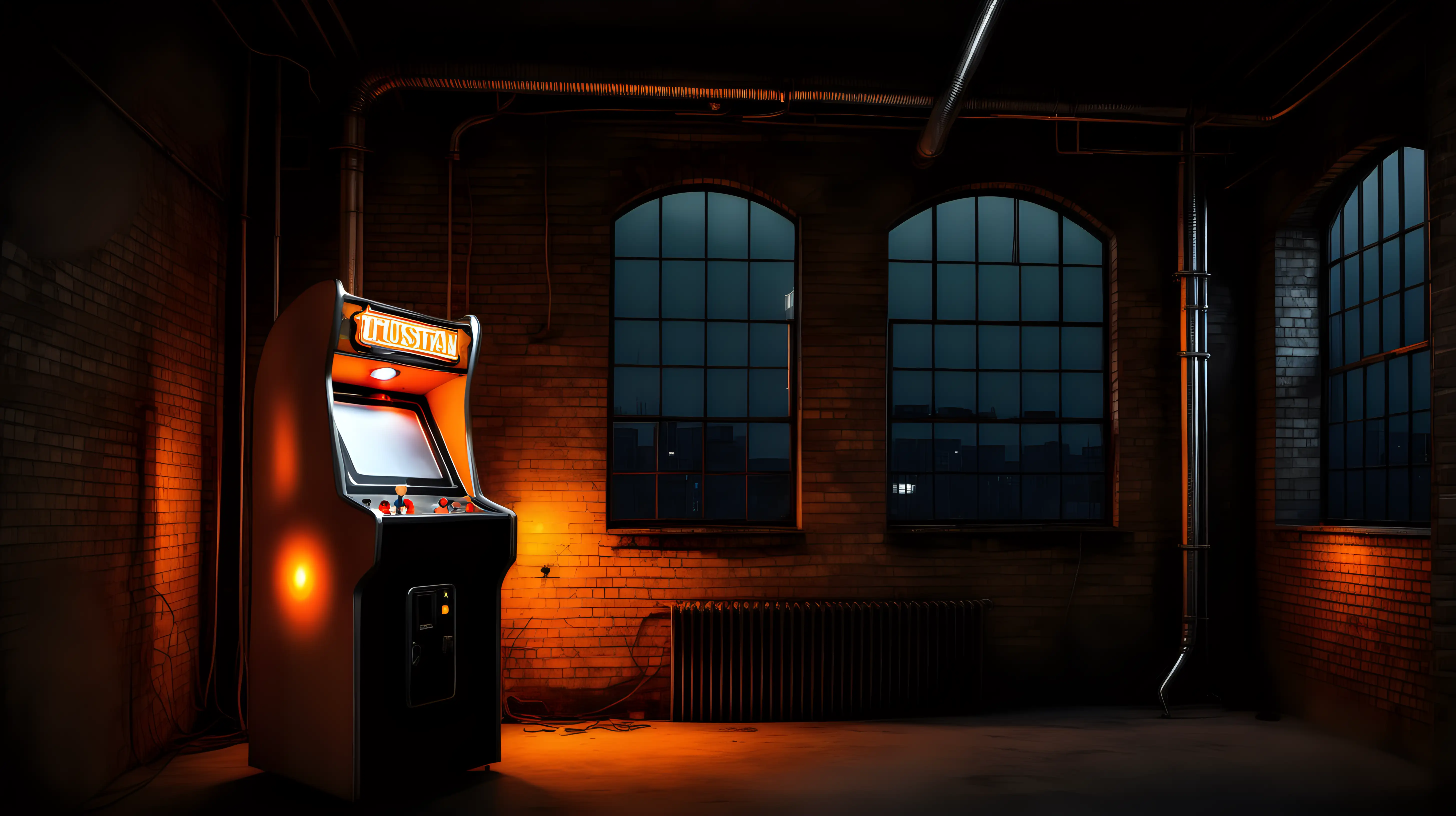 INDUSTRIAL STYLE LOFT  WITH LIGHTS ON ORAGE Tungsten LIGHTING AND MOODY DARK NIGHT. AN OLD ARCADE MACHINE SOMEWHERE.

ONE WINDOW LEFT SIDE OF THE ROOM SHOWING THE NIGHT LIGHT