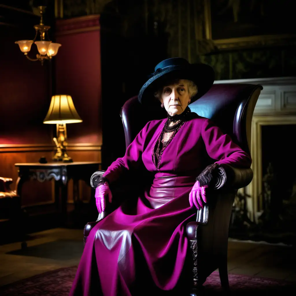 Serious Elderly Lady in 1900s Magenta Dress and Black Hat Sitting in a Brown Leather Armchair in a Dark Manor House at Night