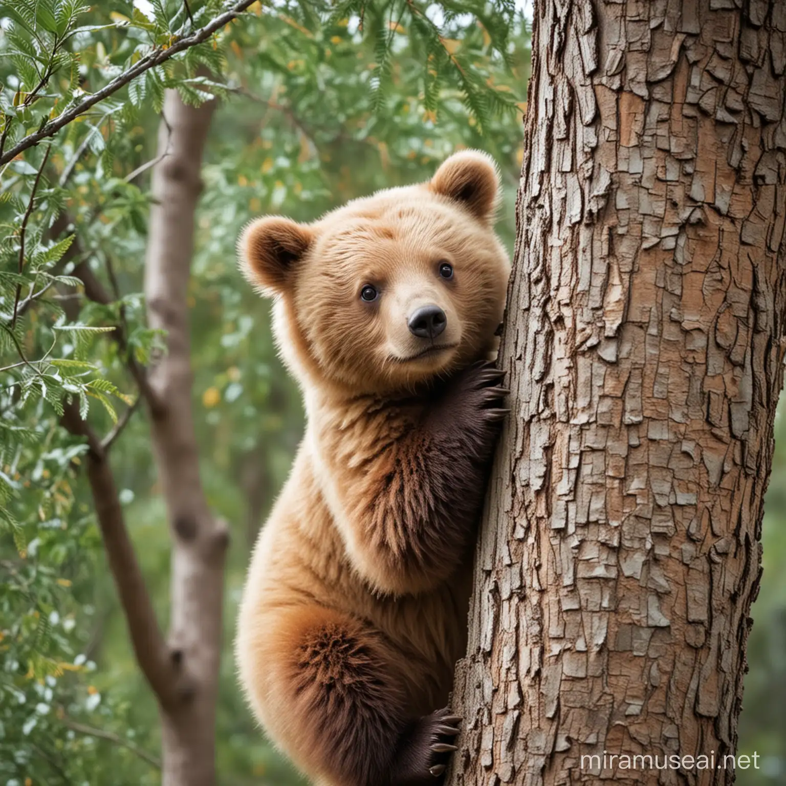 Adorable Bear Climbing Tree Playful Wildlife Scene
