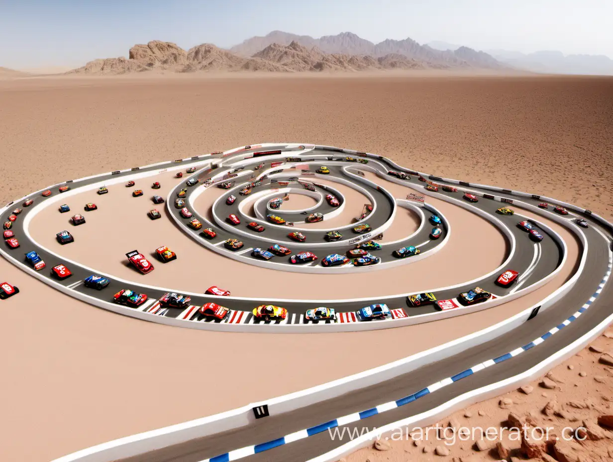 извилистая гоночная трасса в пустыне, на ней 20 гоночных машин крупным планом
