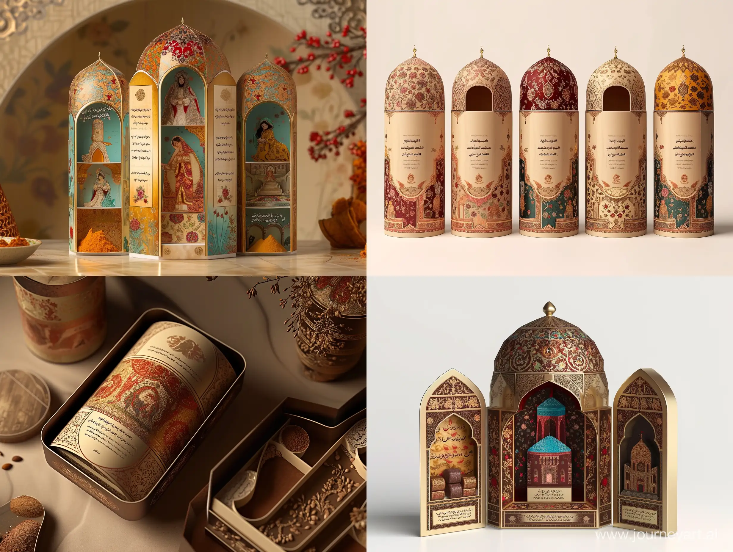 Imagine an image of The minimal short height design packaging  is designed with a stunning and environmentally friendly minimal style, using sustainable materials. It takes the shape of a luxurious opulent inspired Dome-shaped forms of Persian architecture, embellished with Persian fairytale storyboard reliefs inspired by the art works persian miniature . The design features minimal yet intricate traditional motifs, creating a visually striking presentation. Inside, the luxurious is held within layers adorned with poetic inscriptions, adding elegance and artistry to the experience. The entire presentation is aimed at being sustainable and eco-friendly, aligning with the current trend towards environmental consciousness. This packaging not only showcases the rich cultural heritage but also elevates it to a new level of luxury and artistry, embodying minimal sustainable opulence. It is perfect for those who appreciate both tradition and innovation in their culinary experiences.realistic style