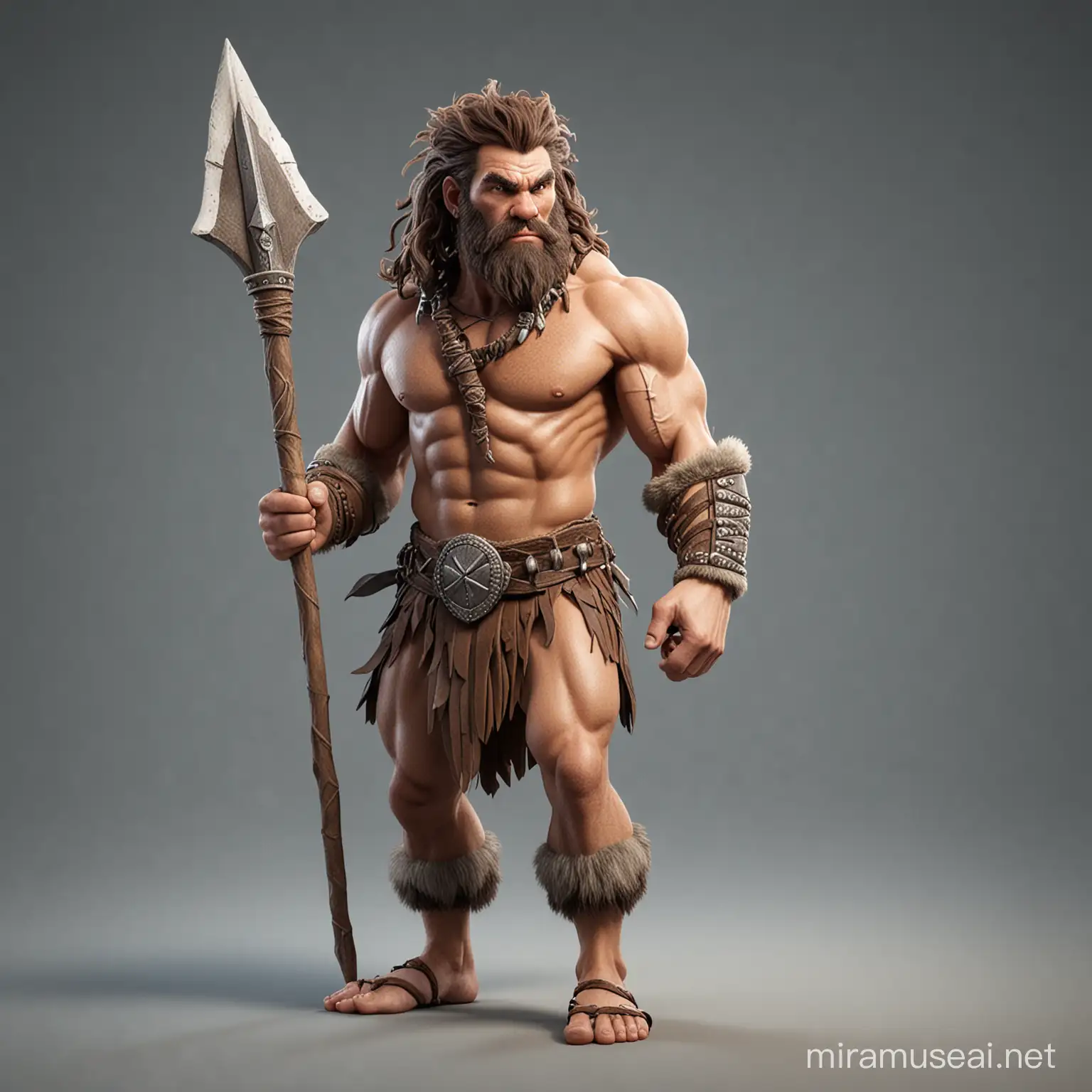 caveman warrior , armed with stone spear,3d model ,no background