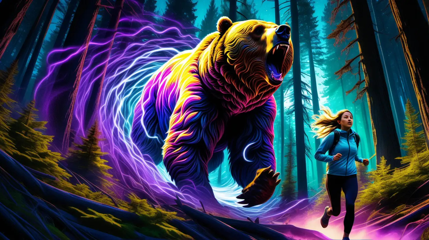 Fearless Hiker Escaping Grizzly Bear in Vibrant Forest Glow