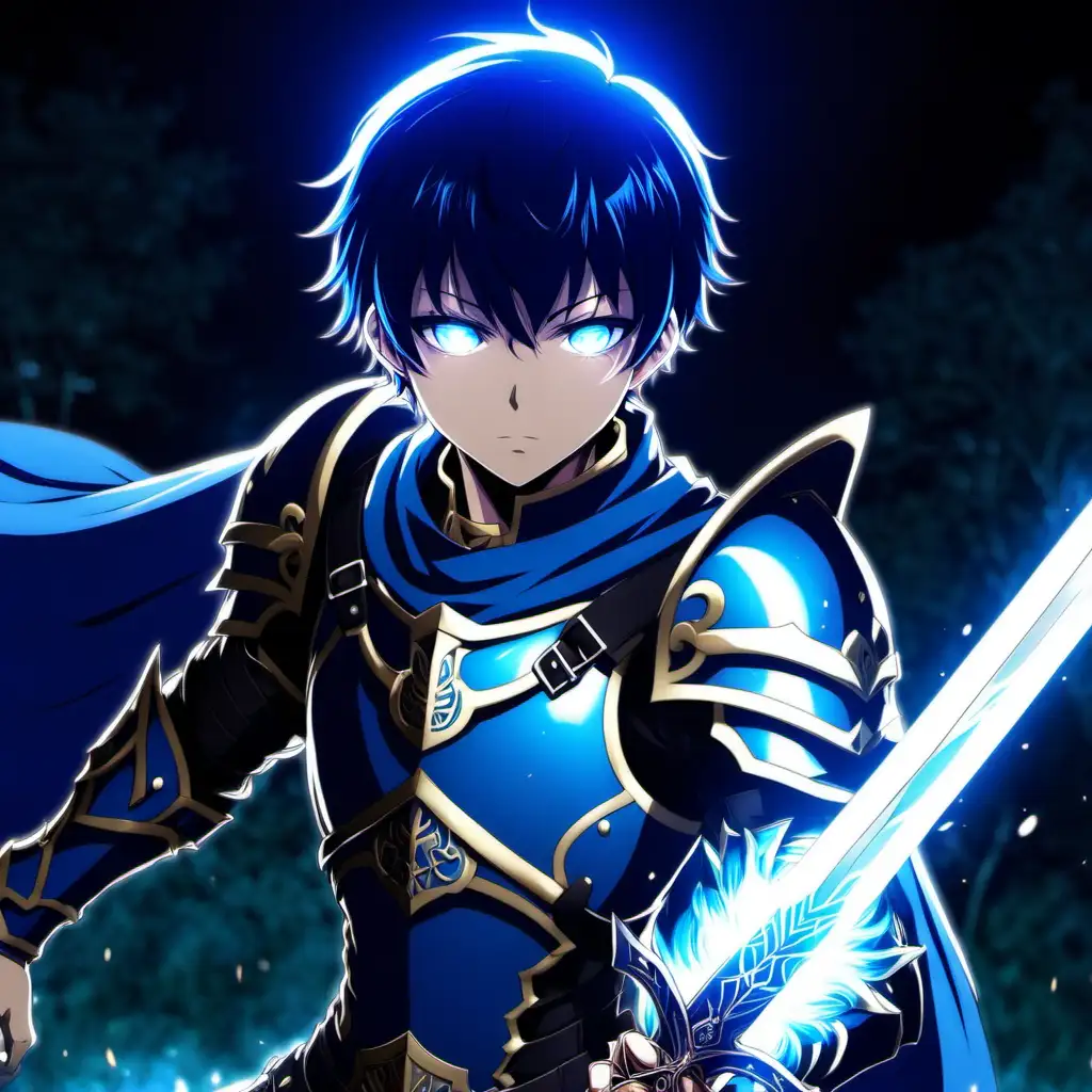 Anime Boy with Glowing Blue Aura Wielding Longsword in Full Plate Armor