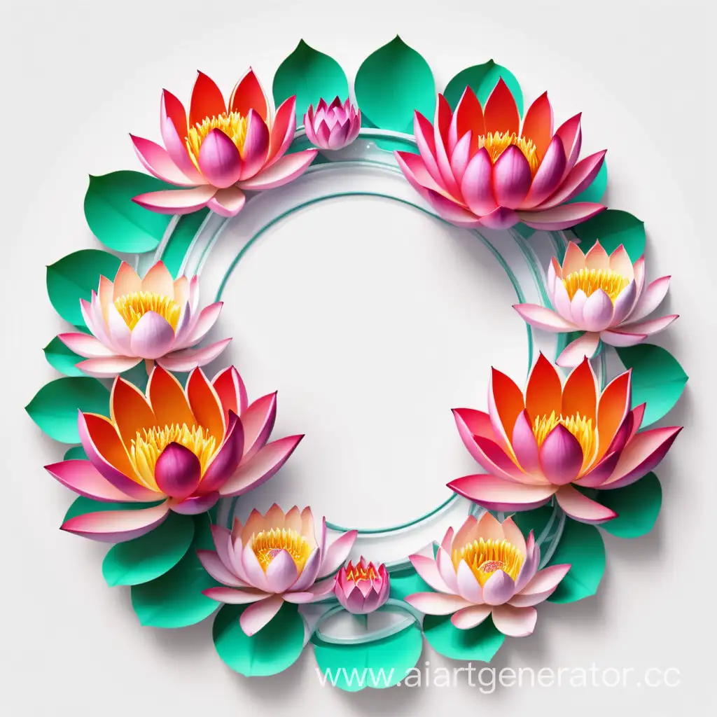 simple icon of a 3D flame border bouquets floral wreath frame, made of border bright Water Lily flowers. white background.