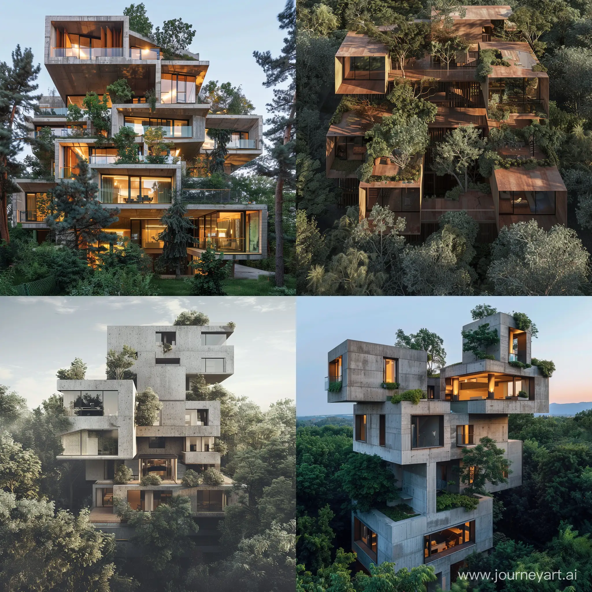 Edificio deconstructivista en un terreno lleno de árboles, con concepto "armonía en la diversidad" 