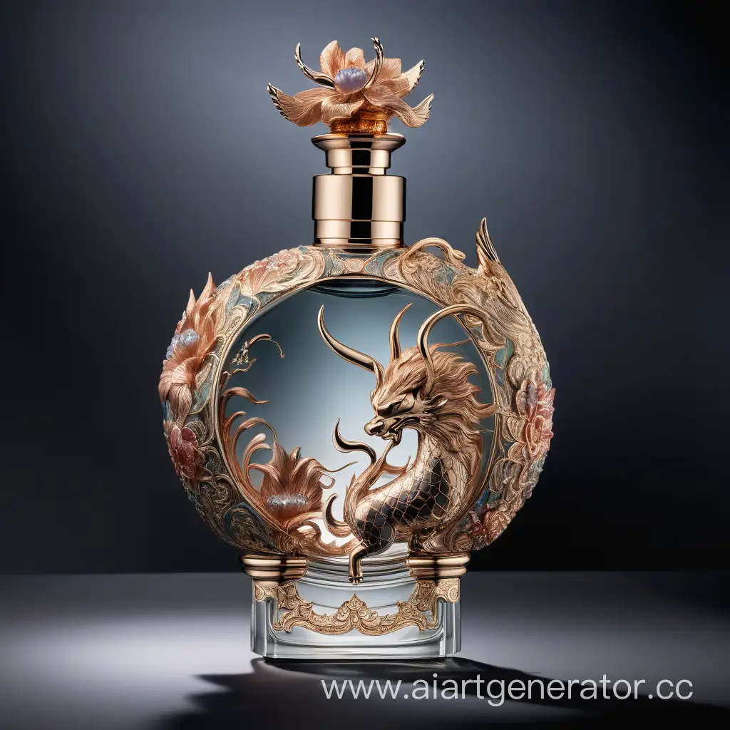 Роскошный изящный парфюмерный флакон, напоминающий азиатскую мифологию.