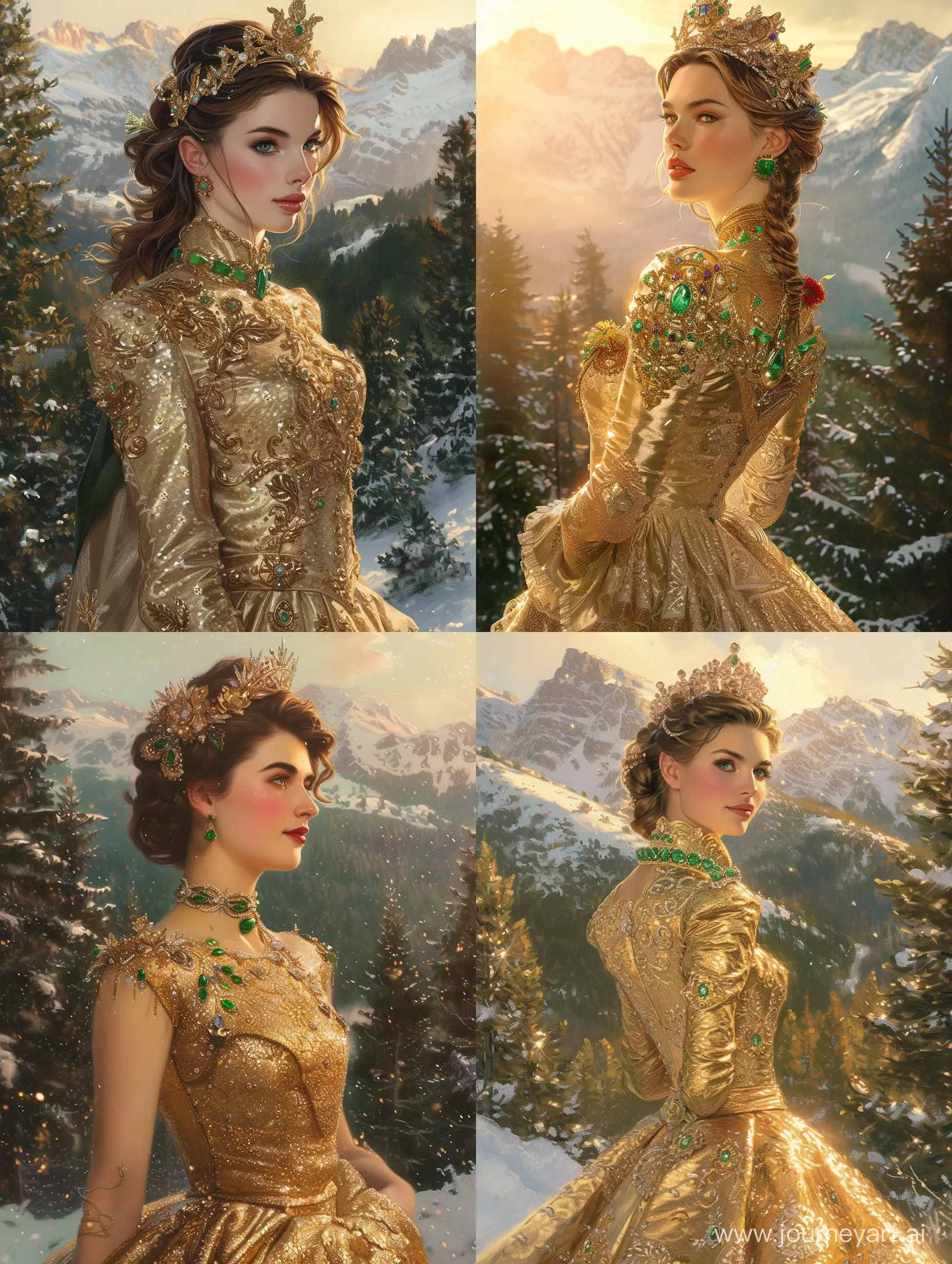 Enchanting-Woman-in-Exotic-Gold-Dress-Gazes-at-Snowy-Mountain-Kingdom