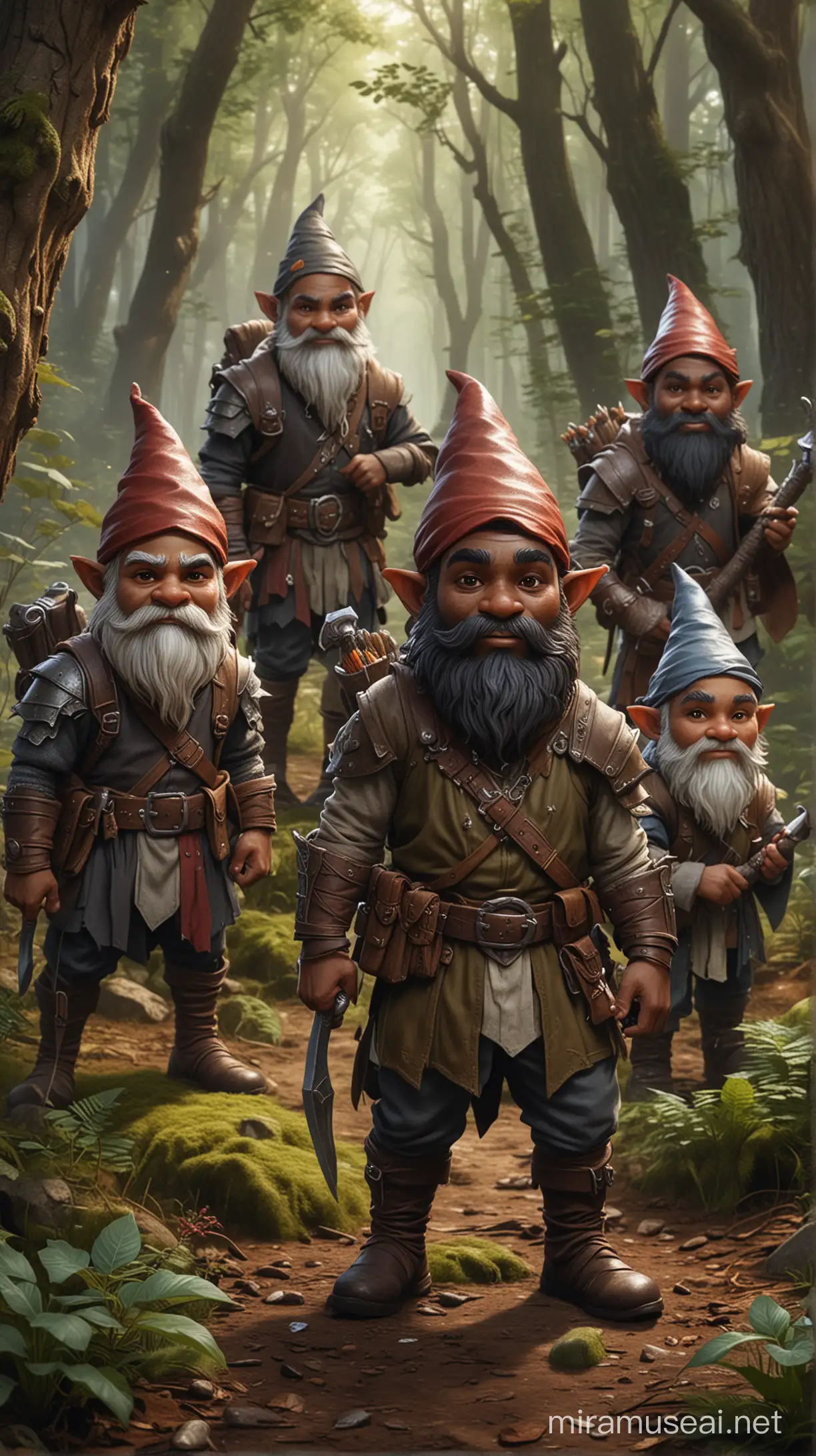 in the style of dungeons and dragons, create 5 dark skinned gnome hunters. All of whom are friendly. They are standing in a forest.