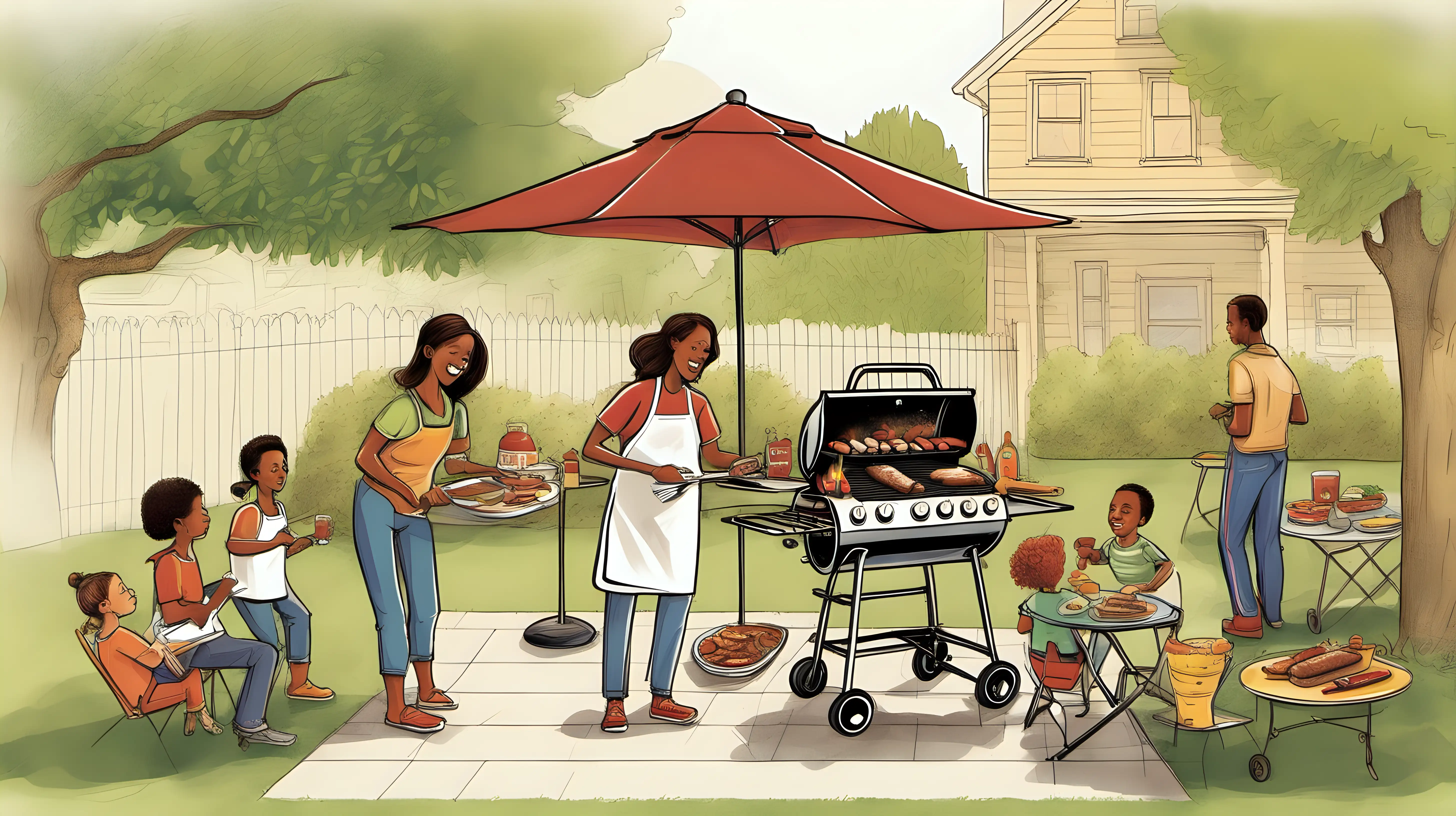 "Create an illustration of a backyard barbecue, with families grilling and enjoying classic American dishes in celebration of the holiday."
