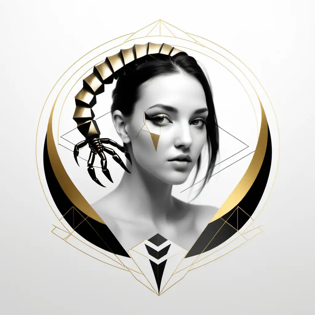 featuring a realistic [scorpio zodiac] [a beautiful woman] [geometric shapes] [simple geometric   scorpion]
[black and white and gold]
white empty background