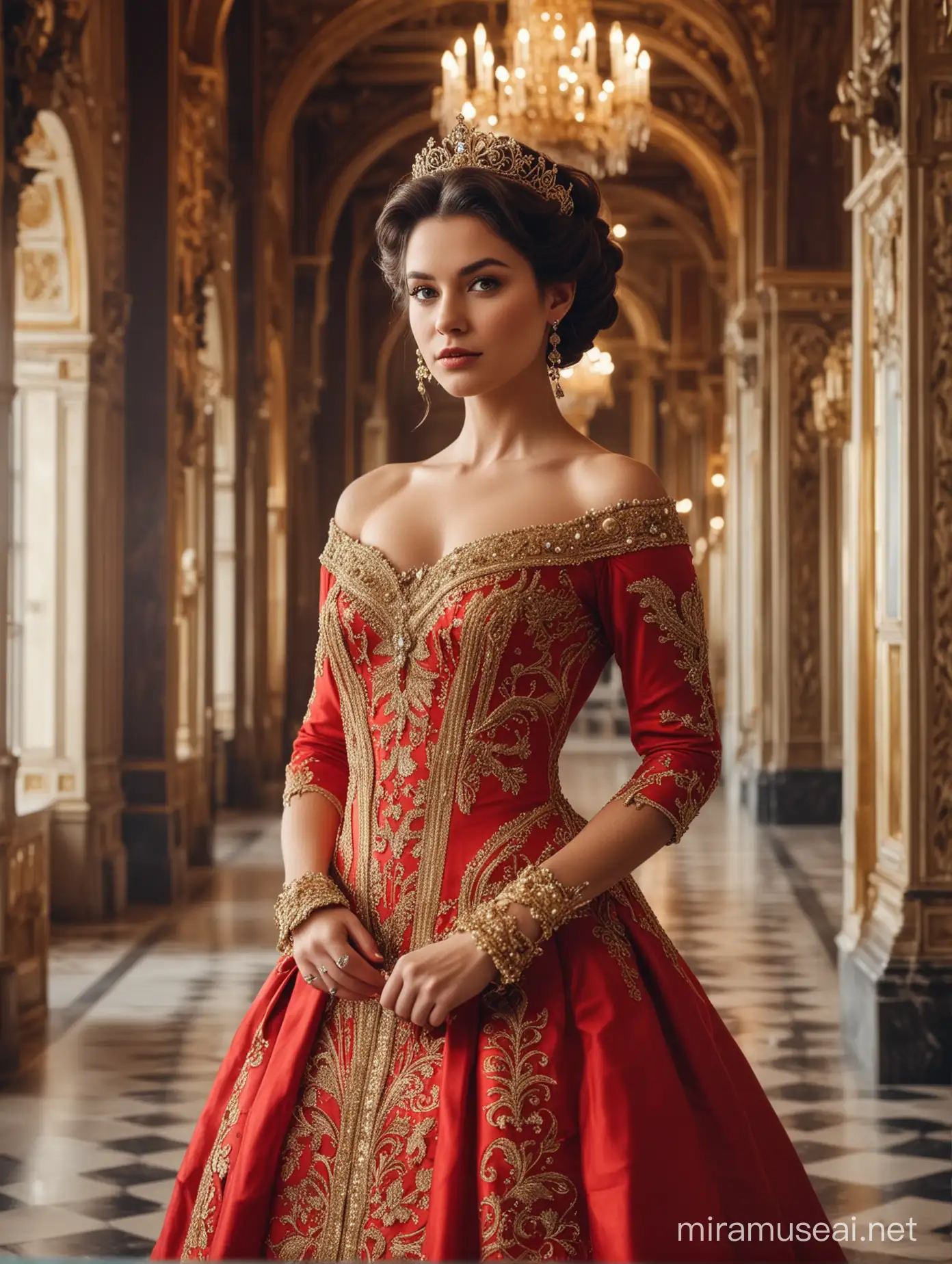 Beautiful and gorgeous queen with dark brown hairstyle in red and golden dress standing inside palace 