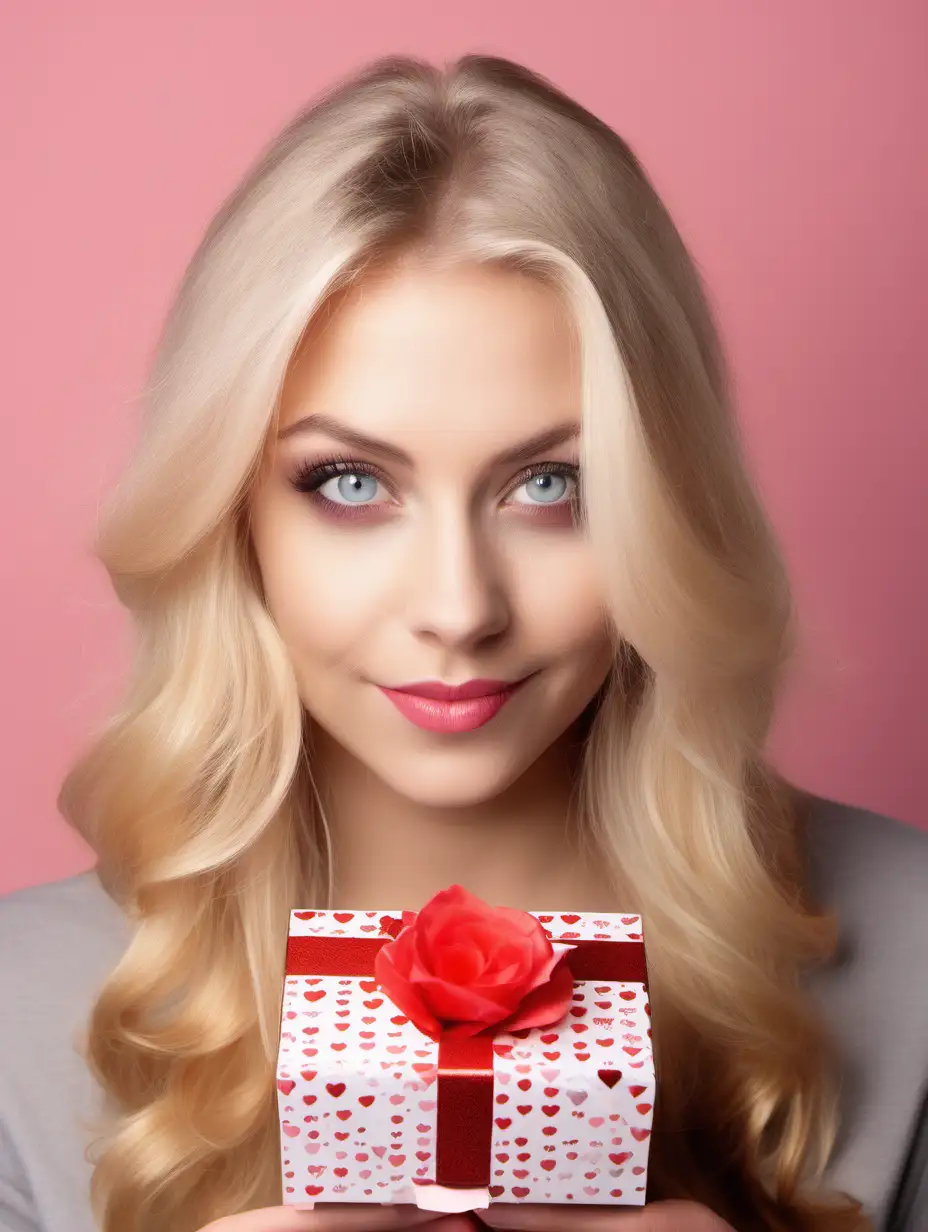 Charming Blonde Woman with Grey Eyes Unveiling Valentines Day Chocolate Gift Box