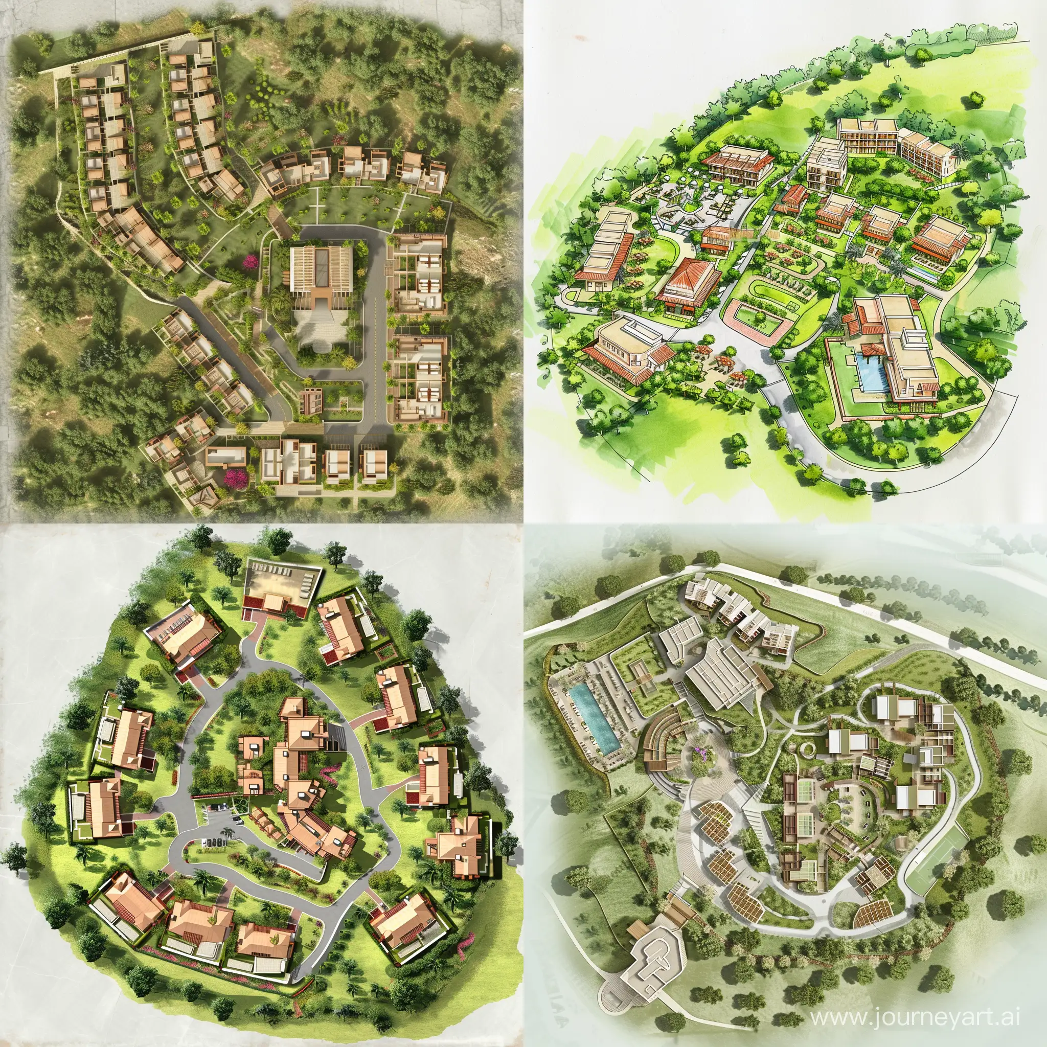 draft a site plan and 2d of a wellness resort on a 5 acre hilly site with cottages , restaurant , hotel , admin block and grand entrance with height of only 1 floor for all and 4 floor for hotel in detail