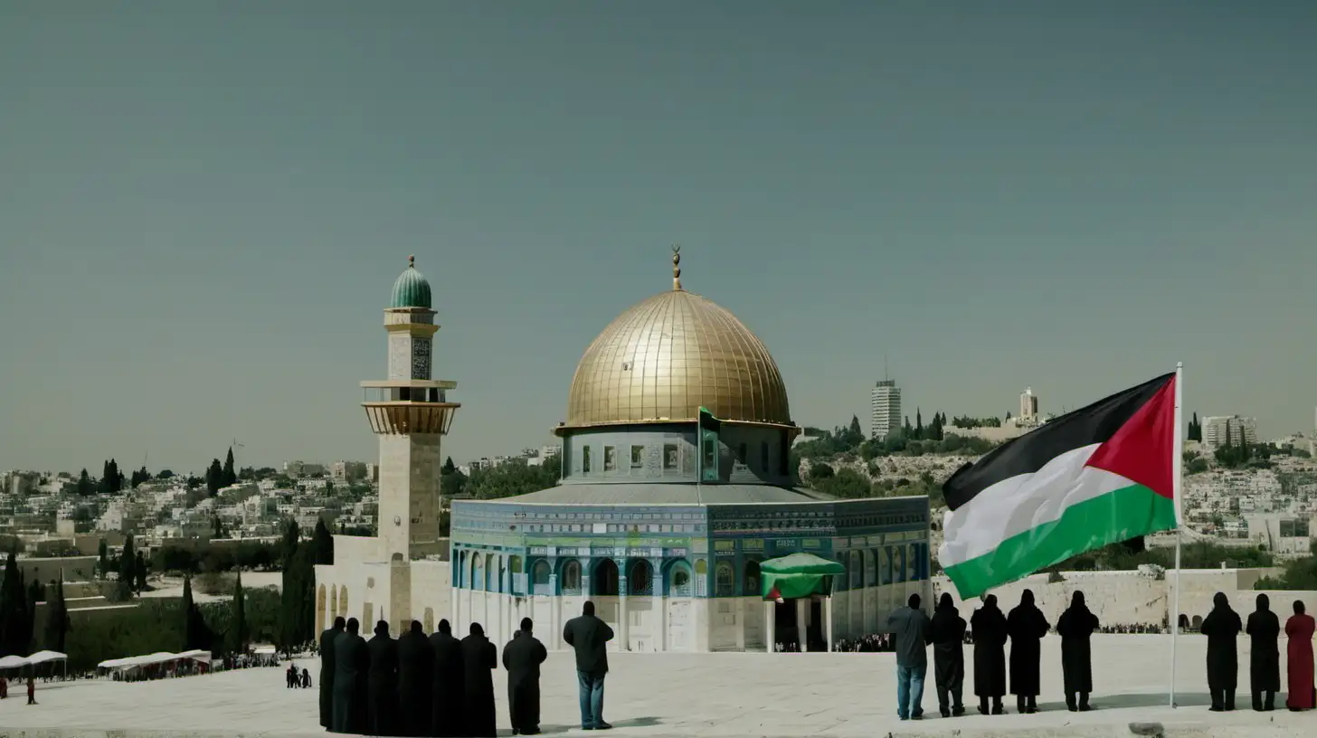 Muslims Praying with the Flag of Palestine at the Dome of the Rock