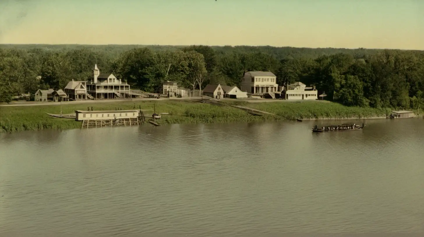 Mississippi river during 1900 with a small village on the shore. Camera is on a boat.