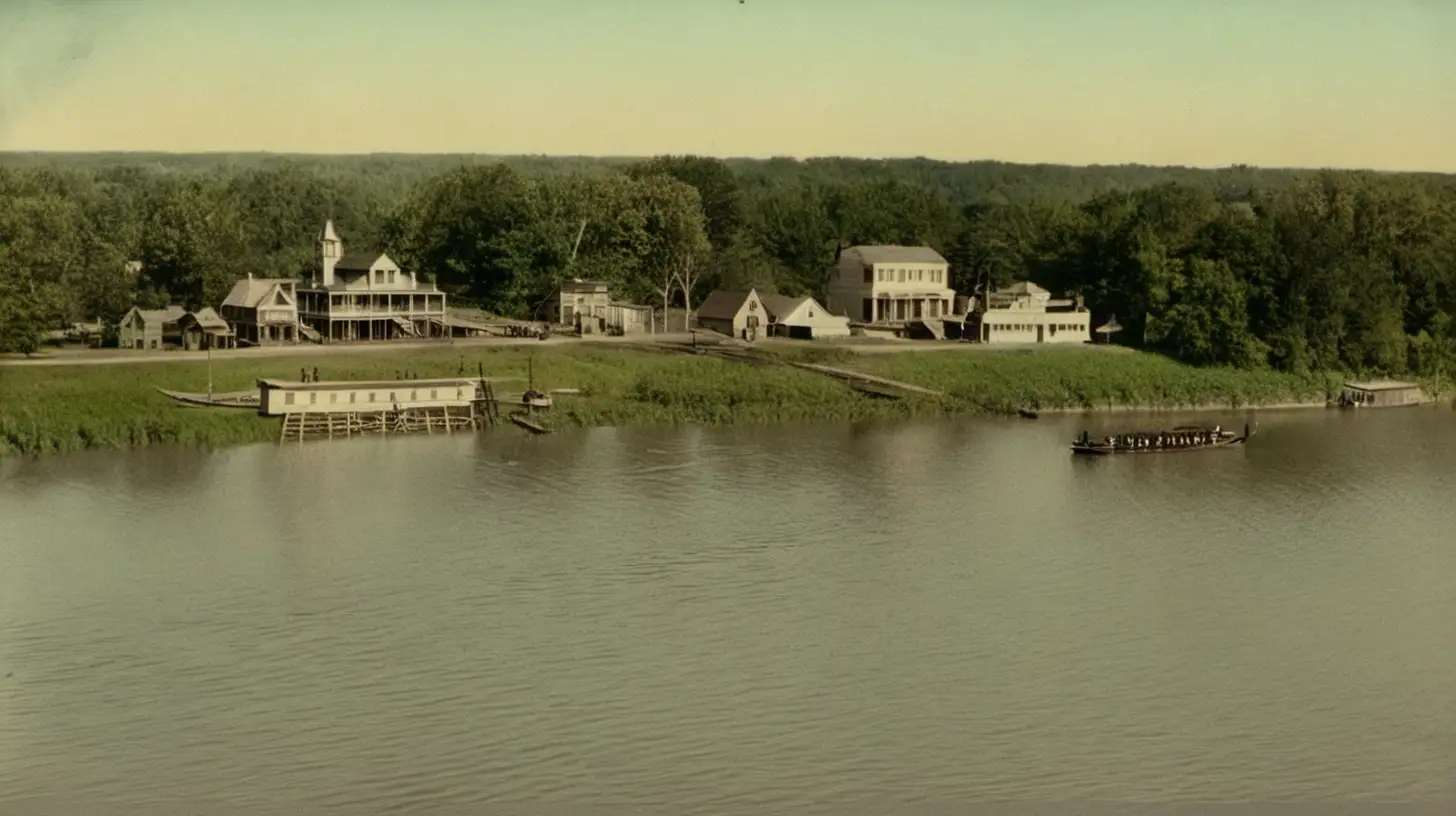 Scenic 1900 Mississippi River Village View from Boat