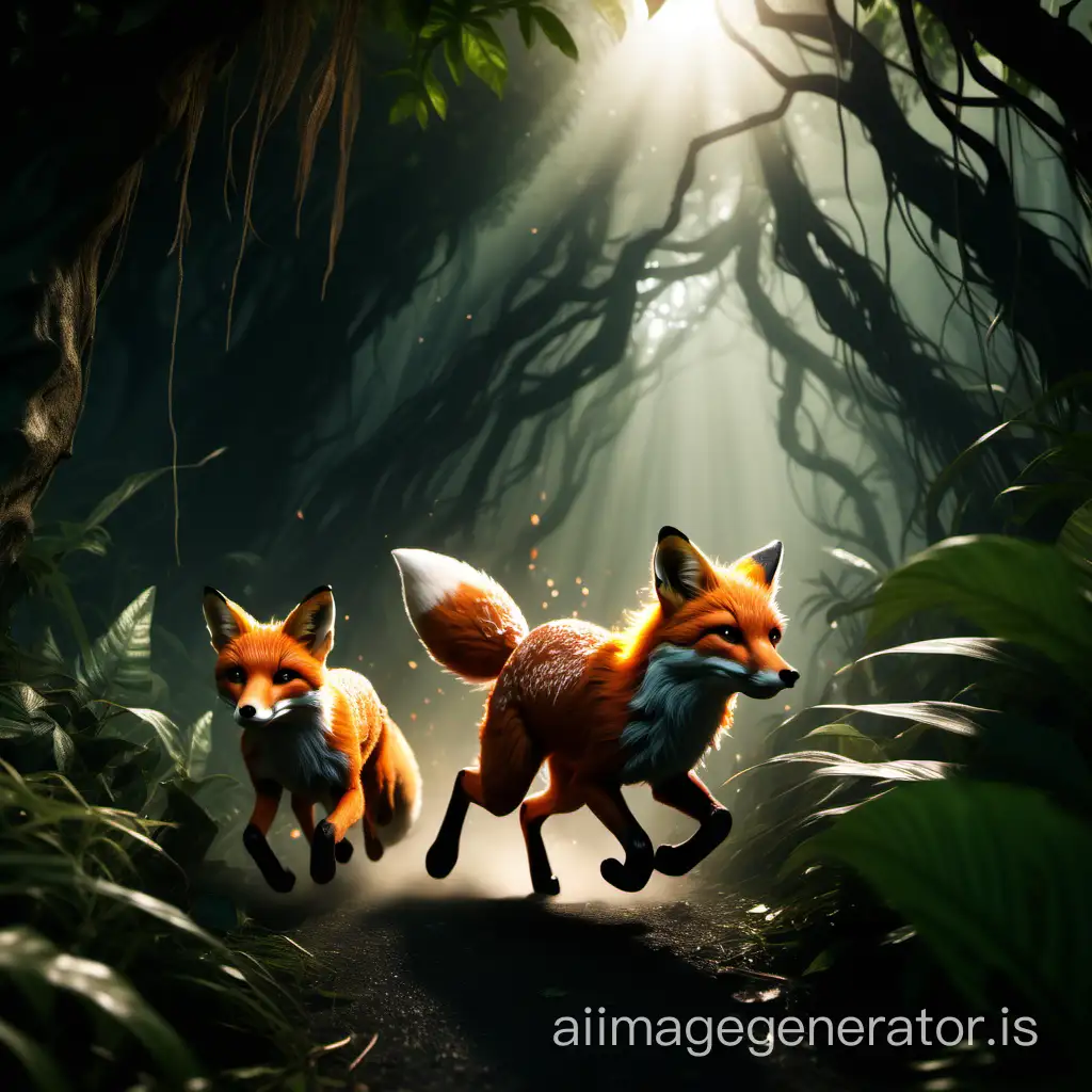 scary foxes running in a jungle. a light comes from behind. a view is from very far.