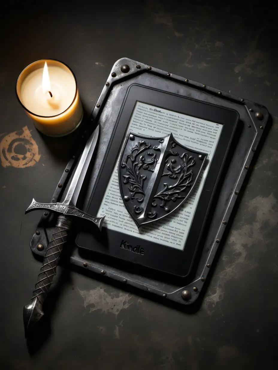 black Kindle on a metal background with an old iron sword, a metal shield, and a candle, view from above