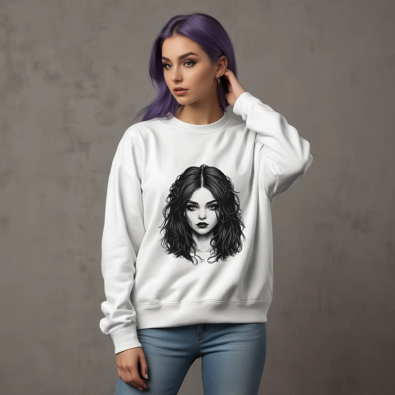 a mockup for a white sweatshirt.  the model should be female and resemble a goth mom
