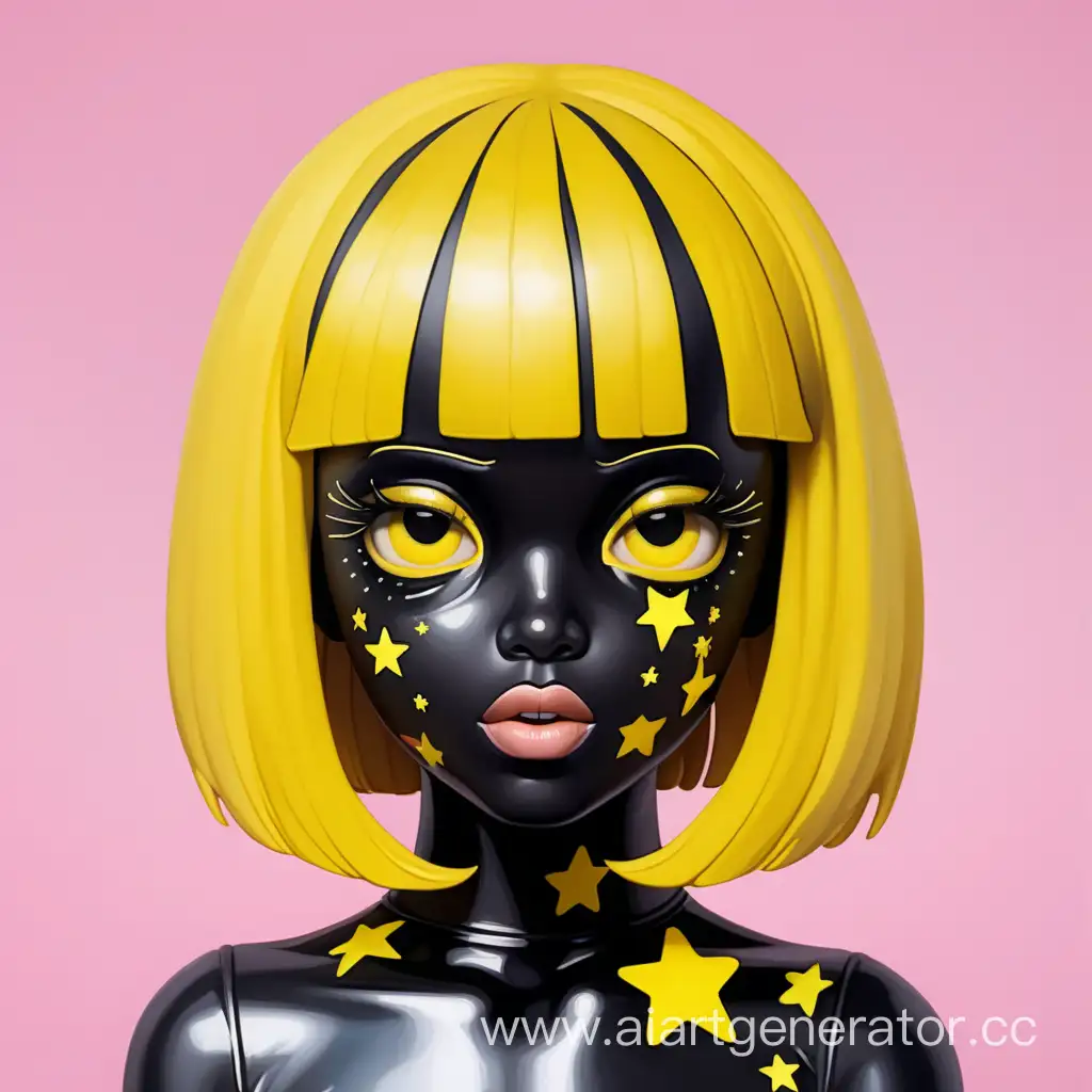 Латексная девушка с черной латексной кожей с черным латексным лицом в желтом резиновом парике с желтыми звездочками на щеках. Изображение сделать в милой стилистике