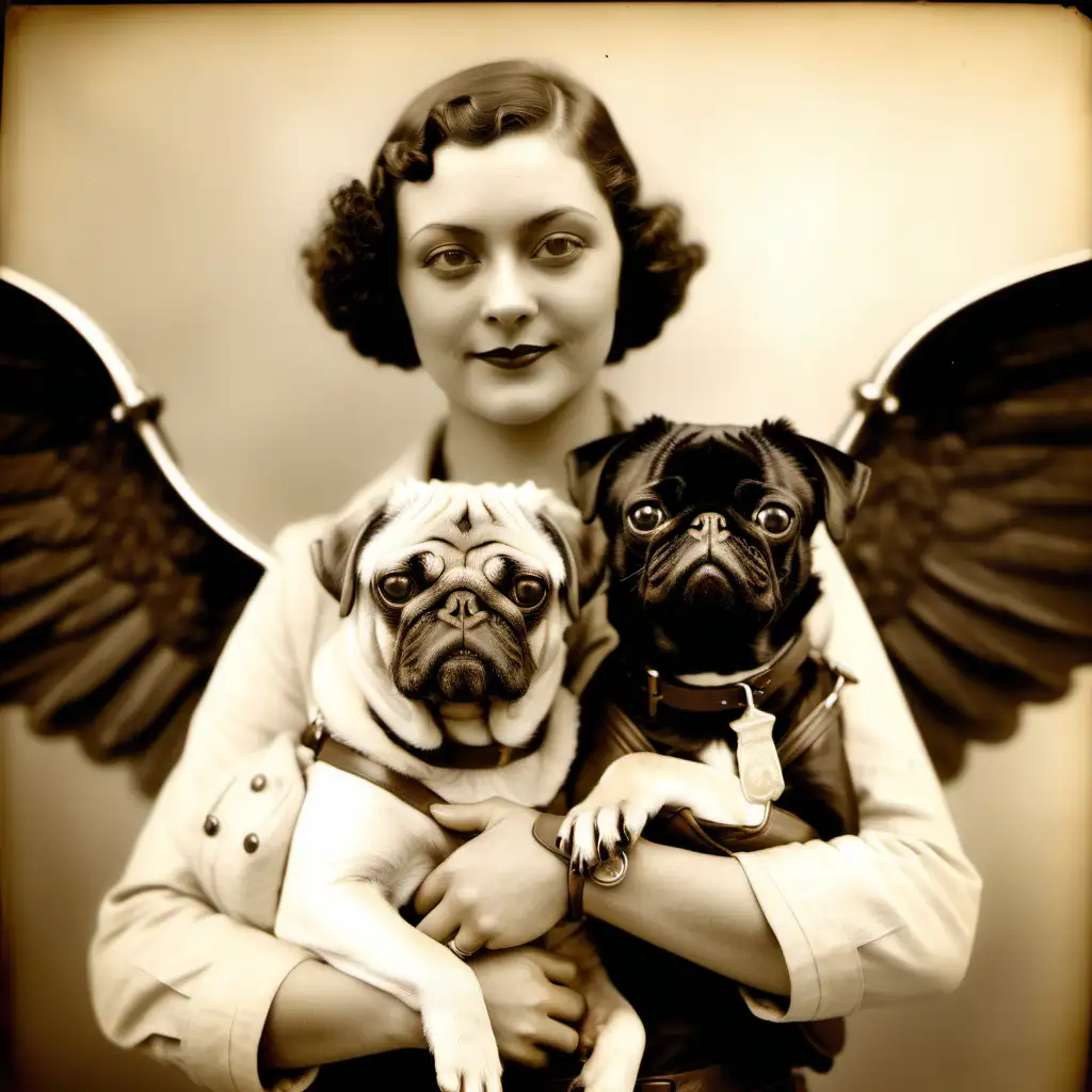 portrait aviatrice 1930 avec dans les bras deux carlins blanc et un carlin noir avec des ailes, sepia 