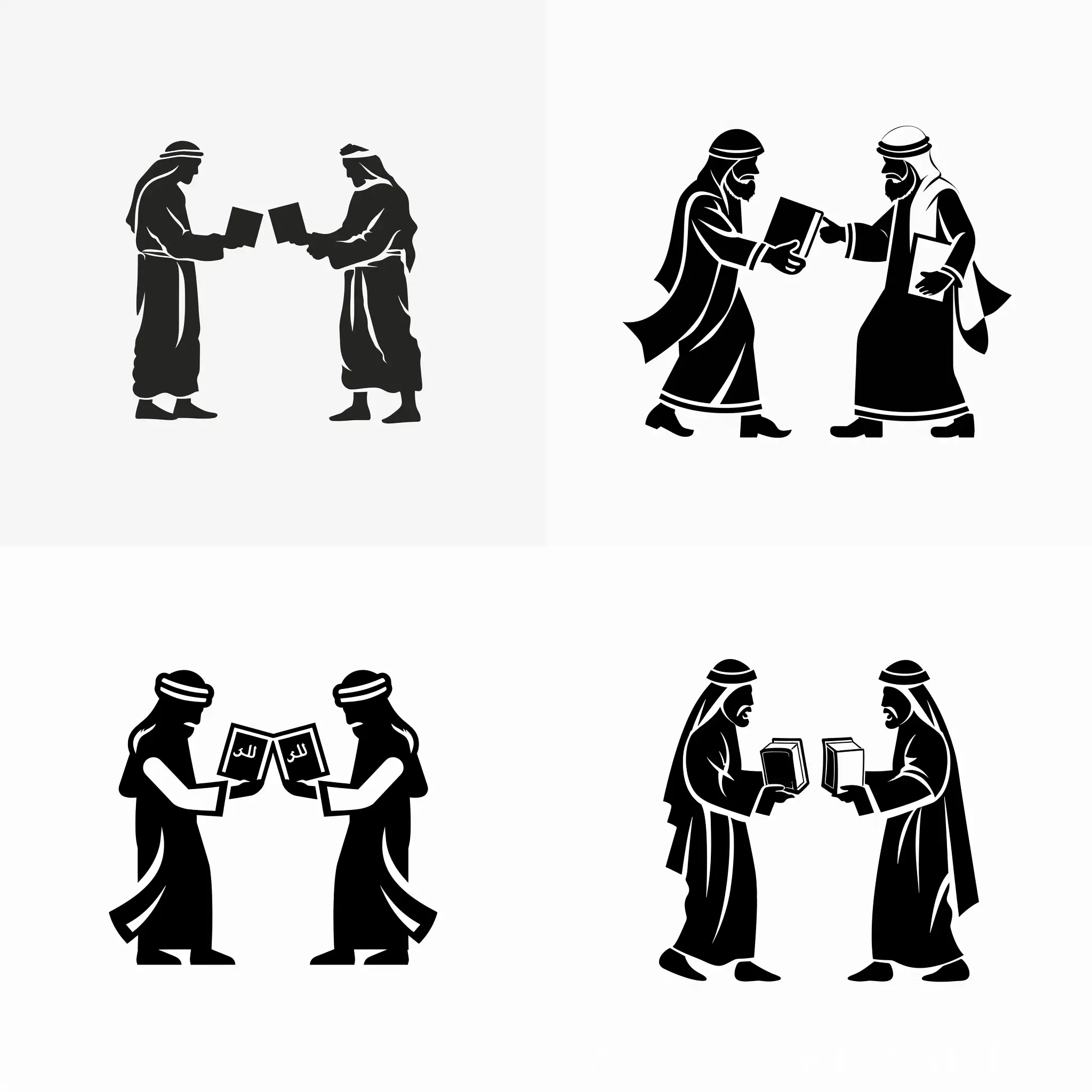Smiple Logo of 2 Bedouin men exchanging books, make them full black with no background