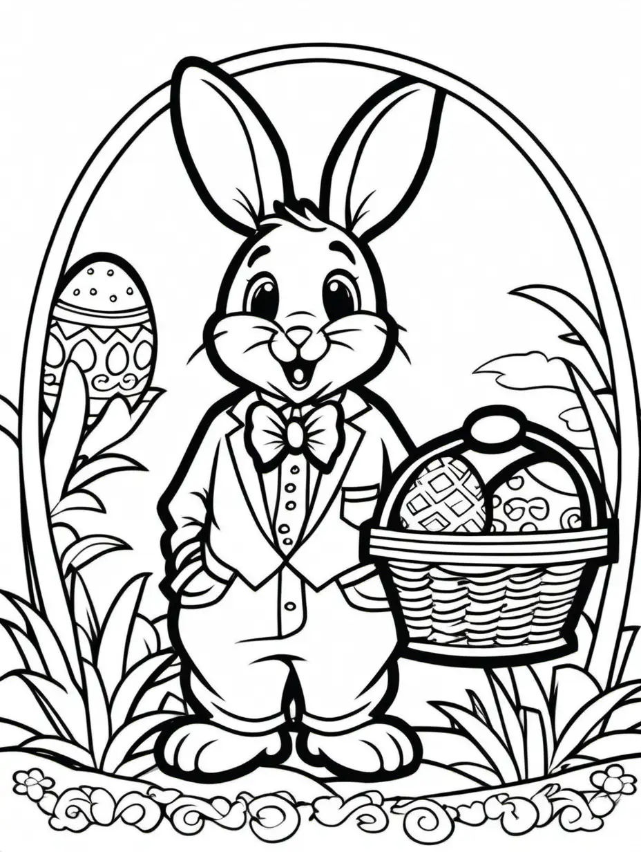 <easter rabbit> wearing a bowtie, delivering an easter basket, children coloring book page, clean lines, black and white