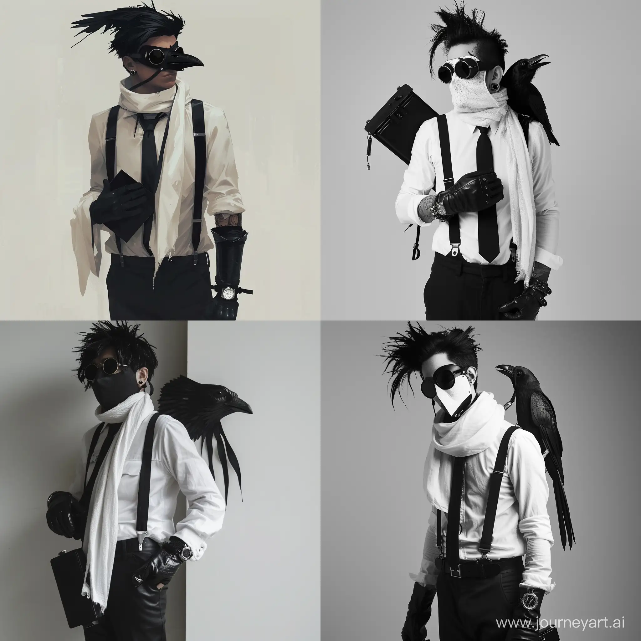 Stylish-Buff-Man-in-Black-and-White-Attire-Holding-a-Mysterious-Case-with-Crow-Mask