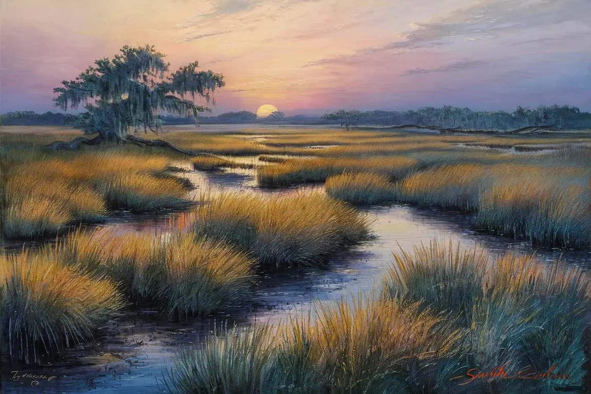 Picture a serene and evocative painting of a Lowcountry marsh in South Carolina, where the timeless beauty of nature unfolds in every brushstroke. The scene is set during the golden hour, just as the sun begins to dip below the horizon, casting a warm, golden light over the vast, open landscape. Sweetgrass, an iconic feature of the Lowcountry, flourishes here, its tall, slender blades swaying gently in the coastal breeze, their tips aglow with the sun's fading rays. These fields of sweetgrass, a vibrant green interspersed with the golden hues of the setting sun, lead the eye towards the network of tidal creeks that carve through the marshland.

These creeks, the lifeblood of the marsh, meander lazily through the scene, their waters reflecting the pastel colors of the twilight sky—soft pinks, purples, and blues blending seamlessly with the natural greens and browns of the marsh grasses. The creeks serve as a mirror to the sky, doubling the beauty of the scene and creating a sense of profound tranquility and depth.

In the distance, silhouetted against the backdrop of the setting sun, stands a lone live oak, its sprawling branches draped with Spanish moss, adding a touch of the ethereal to the landscape. This solitary tree stands as a testament to the resilience and enduring beauty of the Lowcountry. The painting captures the essence of this unique ecosystem, with its blend of sweetgrass and tidal creeks, inviting the viewer to lose themselves in the tranquil beauty of the South Carolina marshland. The composition balances the grandeur of the natural landscape with intricate details, creating a harmonious and captivating scene that celebrates the quiet majesty of the Lowcountry.
