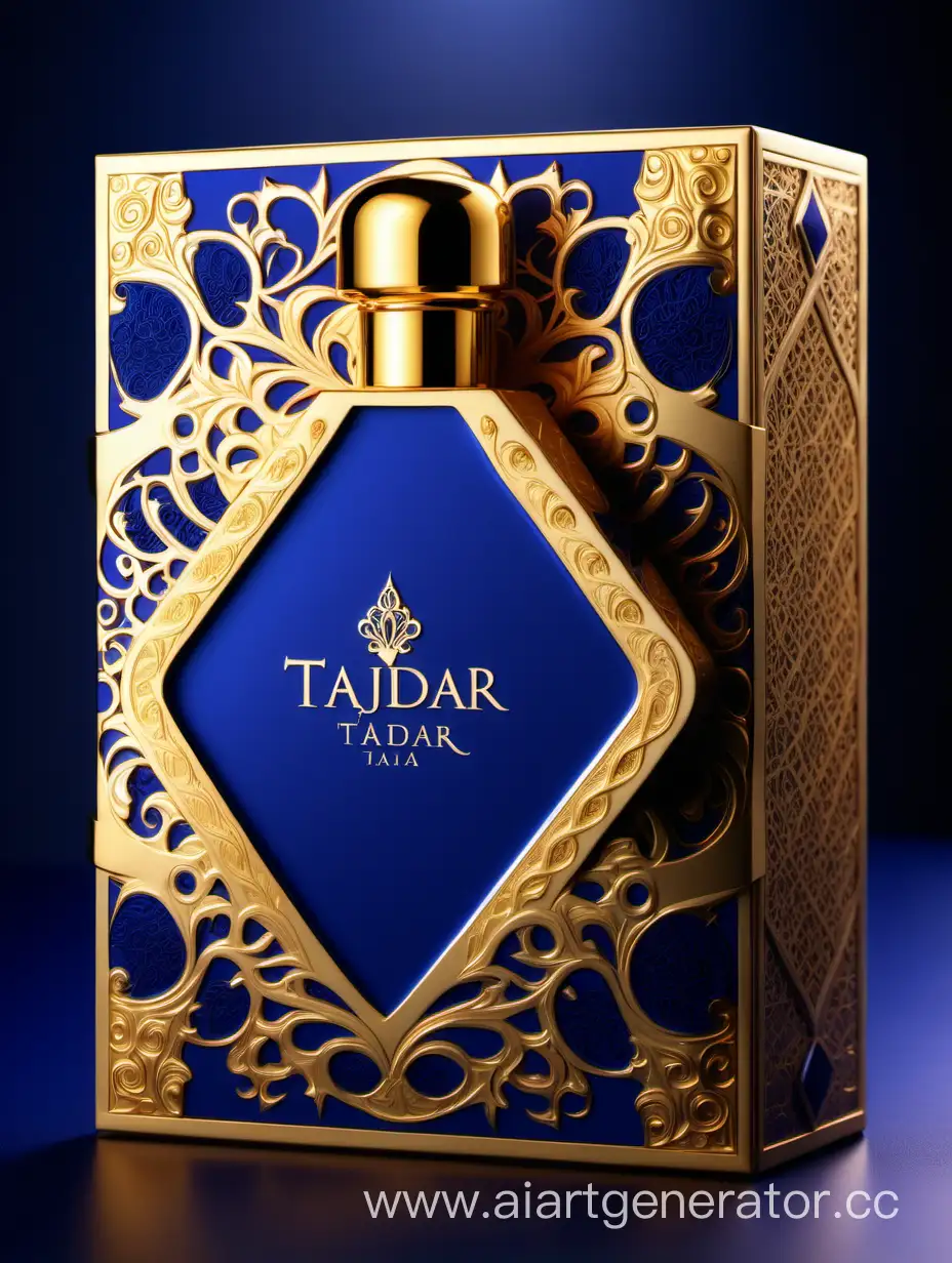 Box package design of perfume TAJDAR product, elegant, trending on artstation,   sharp focus,   studio photo,   intricate details,   highly detailed,   gold, Royal Blue and beige color on gold background