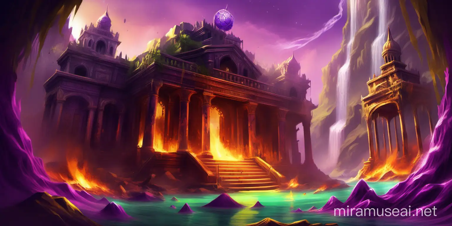 Concept art, Magical old haunted temple with bright waterfall and gold and gemstones and treasure chests and zombie on fire by an oasis with bright sunny sky and zombie on fire and with bookshelves and purple and green and potions