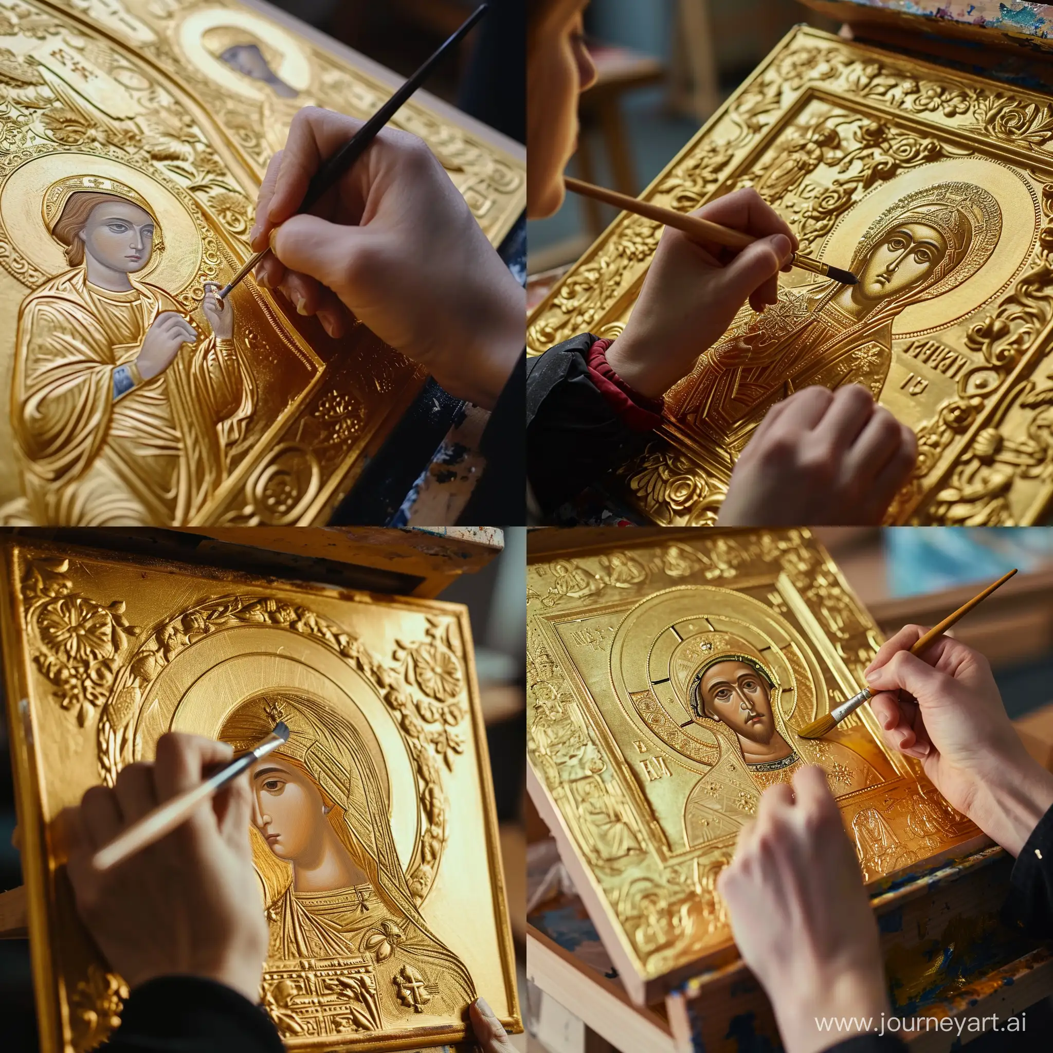 человек рисует золотую икону кисточкой мастерская