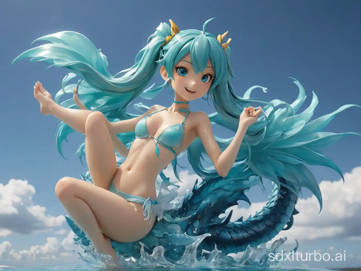 a Resin Figure of sexy Hatsune Miku with translucent bikini flying in the sky, sit on the back of one big deep blue dragon 