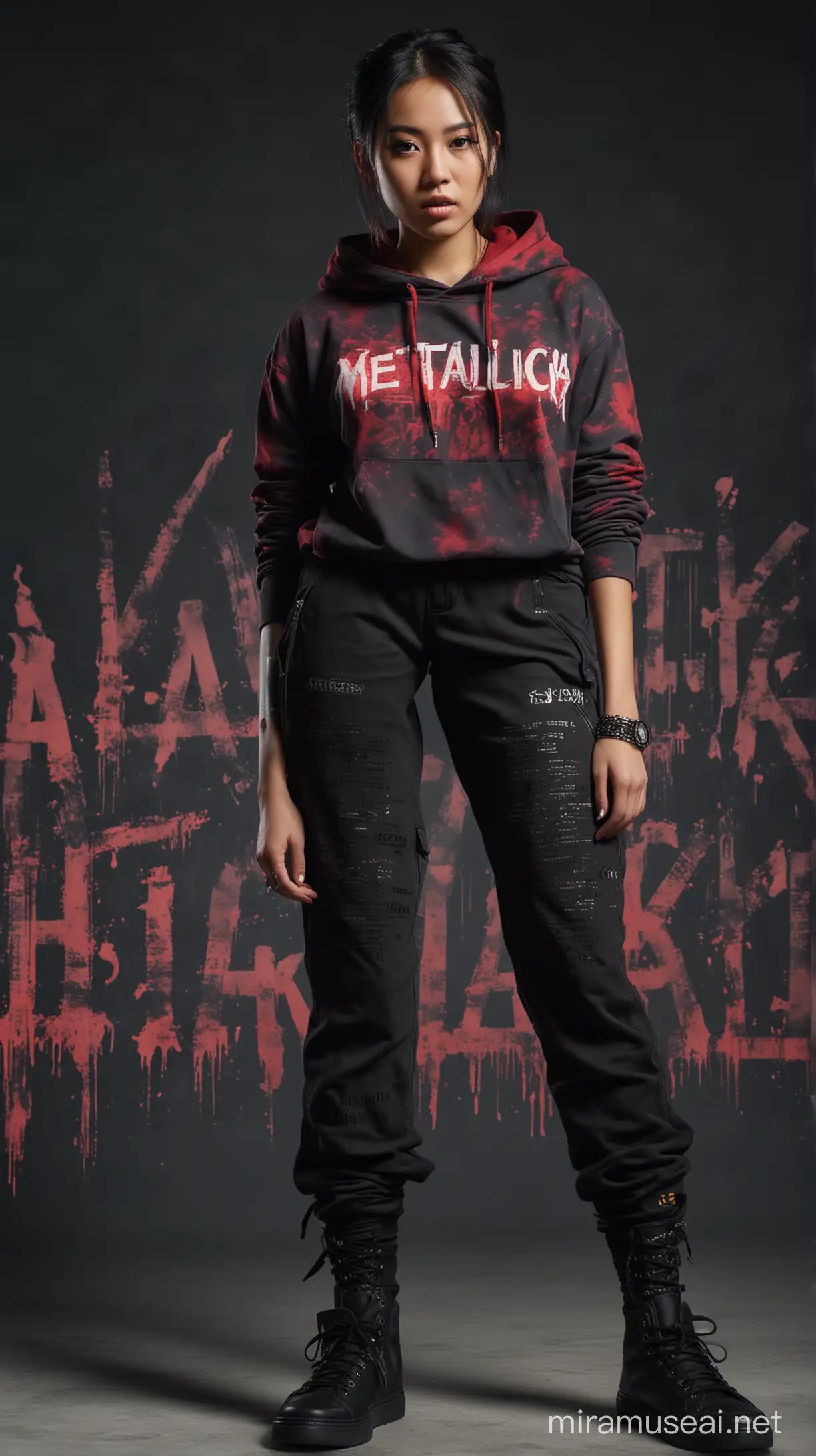 lissajous in the form of complicated metallica text, complicated gothic text, red and black, very beautiful Asian girl, cool expression, few tattoos, black bracelet, wearing a hoodie ("FRISKA") tie dye screen printed t-shirt written with complicated metal text ("FRISKA"), long cargo pants, senaekers shoes, background with lots of lissajous shaped text ("FRISKA") complicated metal, complicated gothic, dramatic colorful light, hyper realistic , sharp focus makes the image very detailed , aesthetics, sharp contrast , 64k megapixels, ultra HD