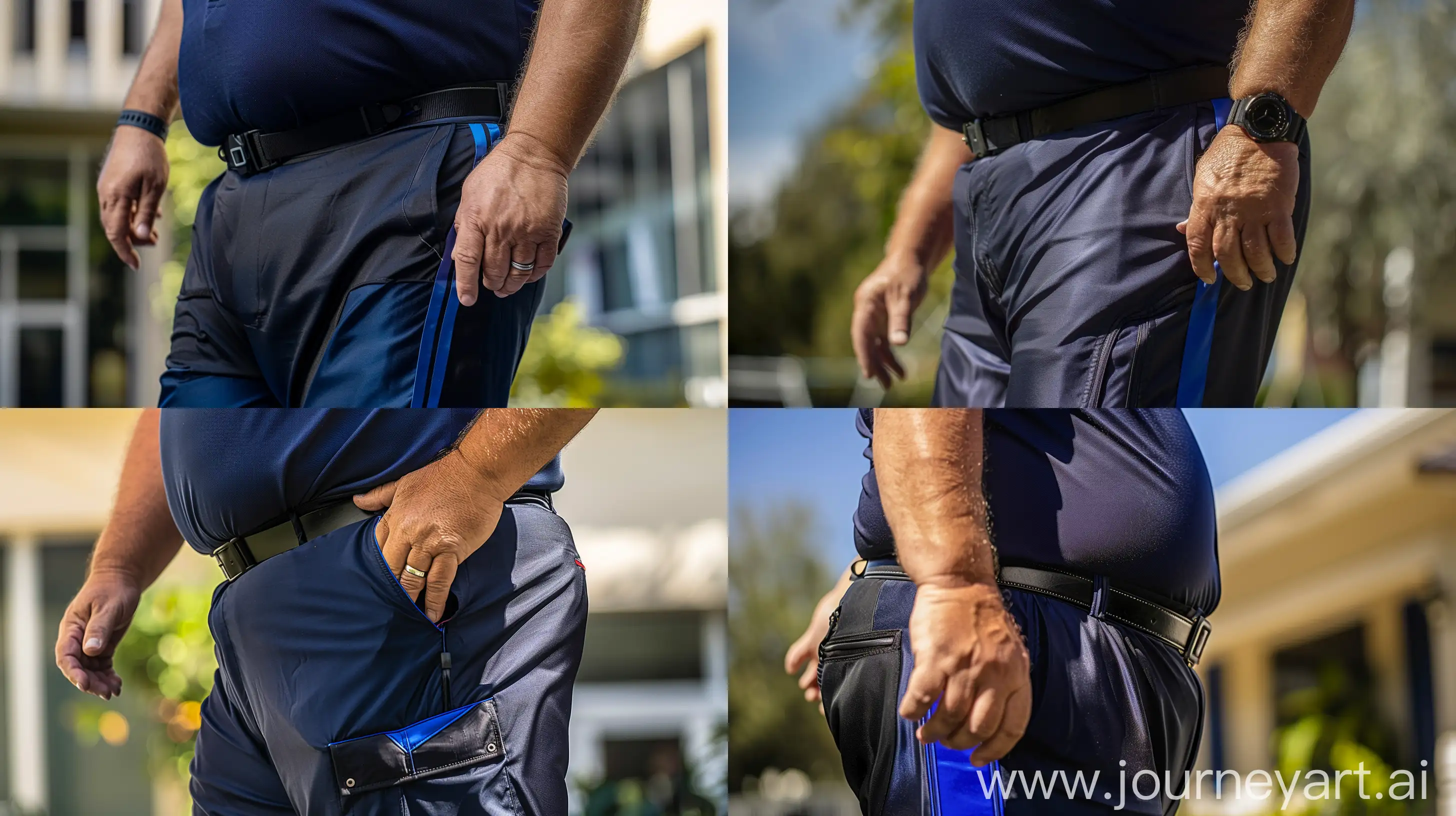 Close-up photo of a fat man aged 60 wearing silk navy blue hiking pants with a royal blue stripe and a tucked in silk navy polo shirt. Black tactical belt. Running. Natural light. --ar 16:9