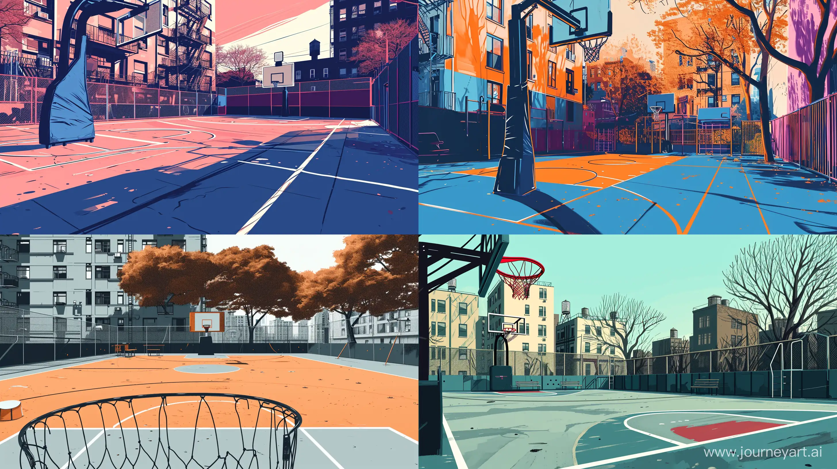illustration of a new york city outdoor playground basketball court, monochrome color, vibrant --ar 16:9