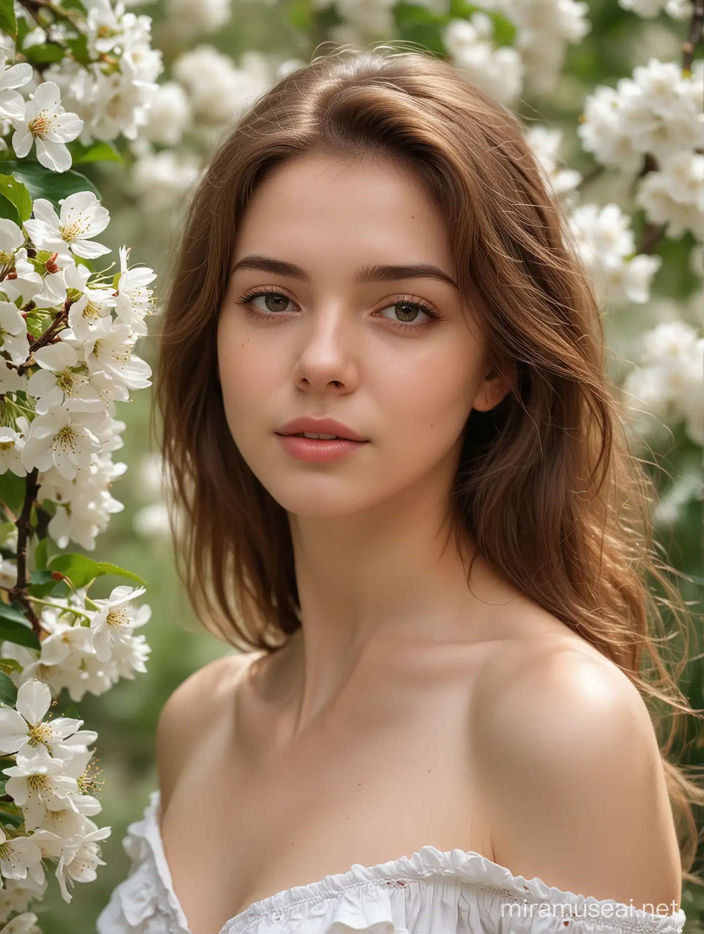 Graceful Nude Young Woman in Cherry Blossom Flower Garden