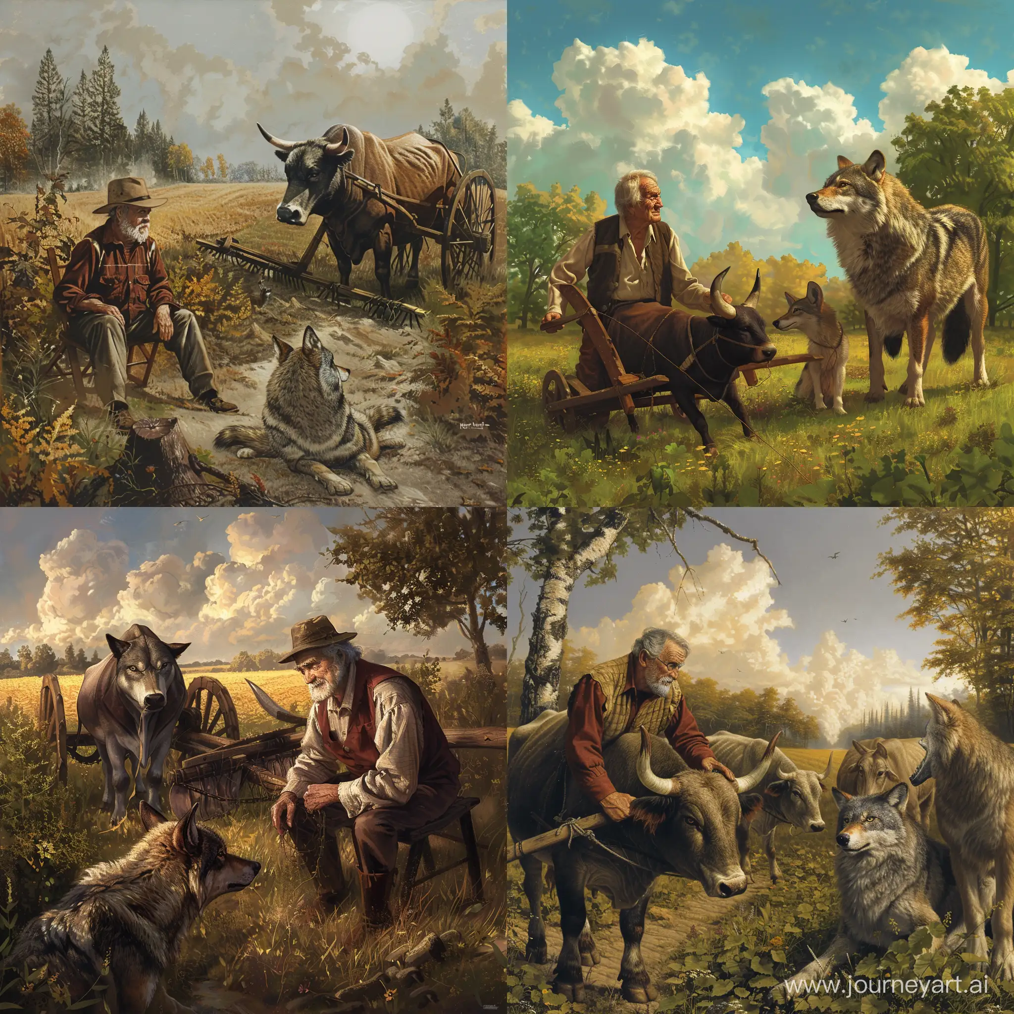 Rural-Scene-Grandpa-Plowing-Field-with-Oxen-and-Talking-to-Wolf