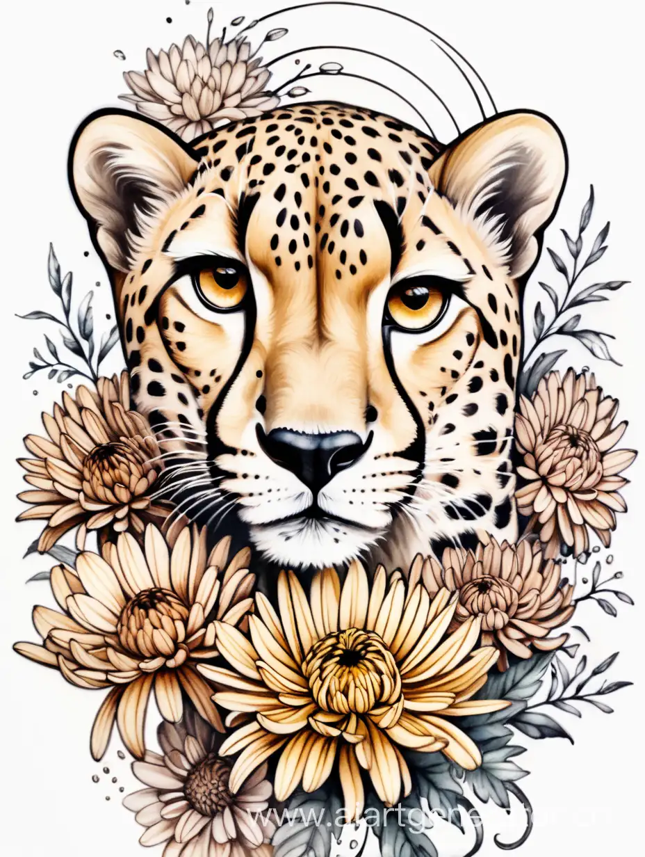 Graceful-Cheetah-and-Chrysanthemum-Tattoo-Design