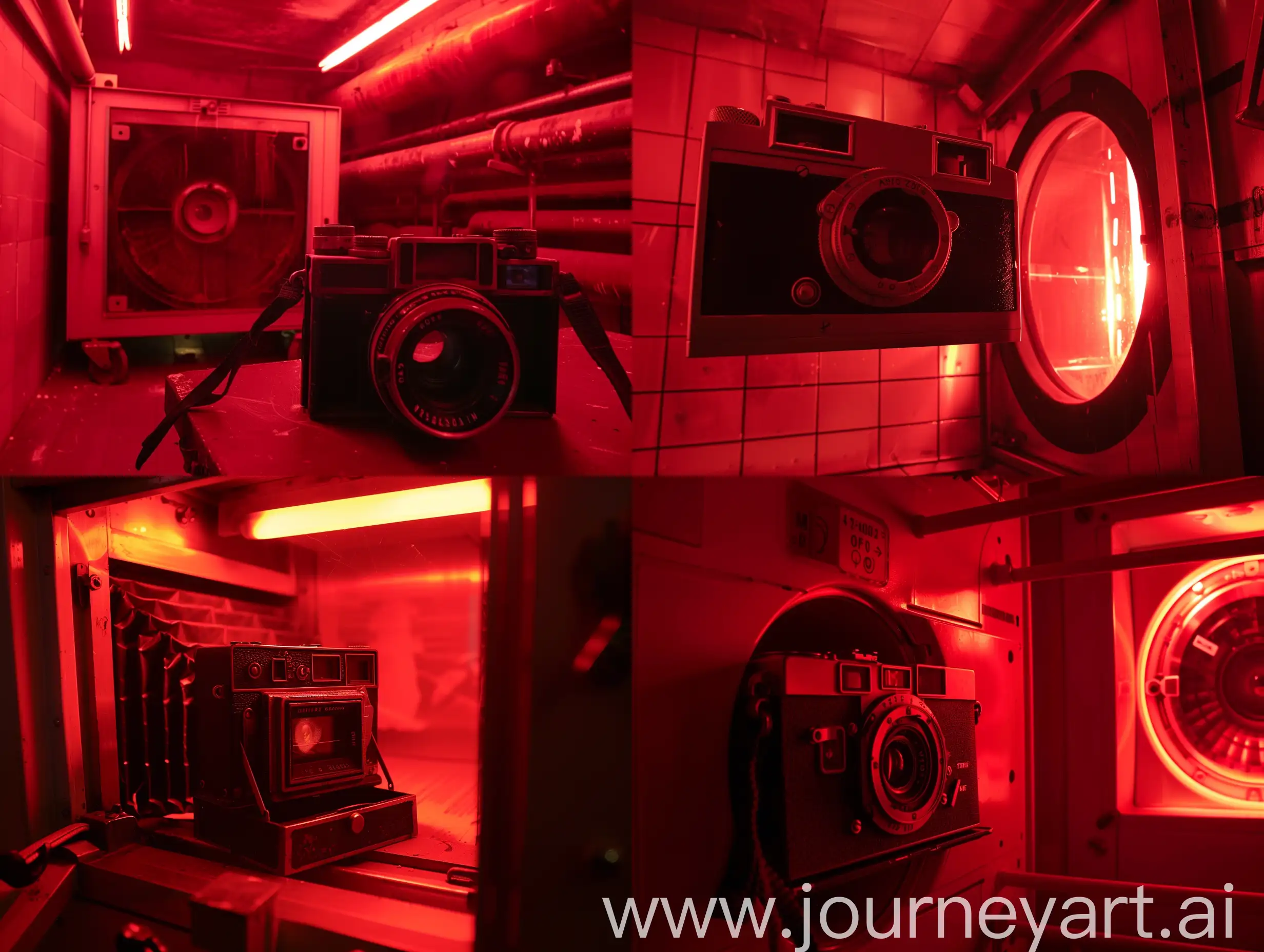 a high quality cinematic shot of an old small camera in an old photo dryer dark room (red color light)