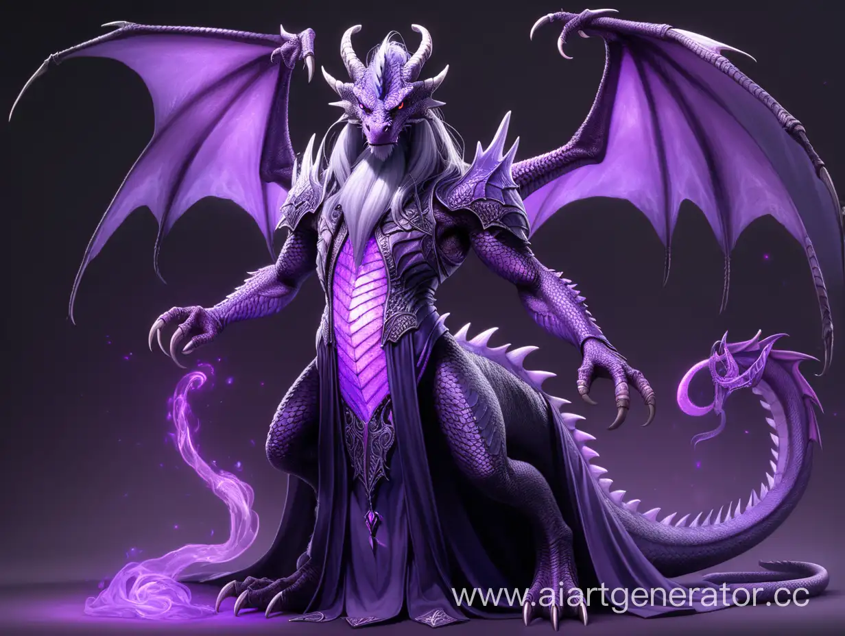 Тёмный светящийся фиолетовым цветом дракон, гермафродитной внешности, с длинными фиолетовыми волосами, с седой бородкой, в полный рост, присутствуют драконьи крылья, драконий хвост, стоит на двух ногах, одет в платье