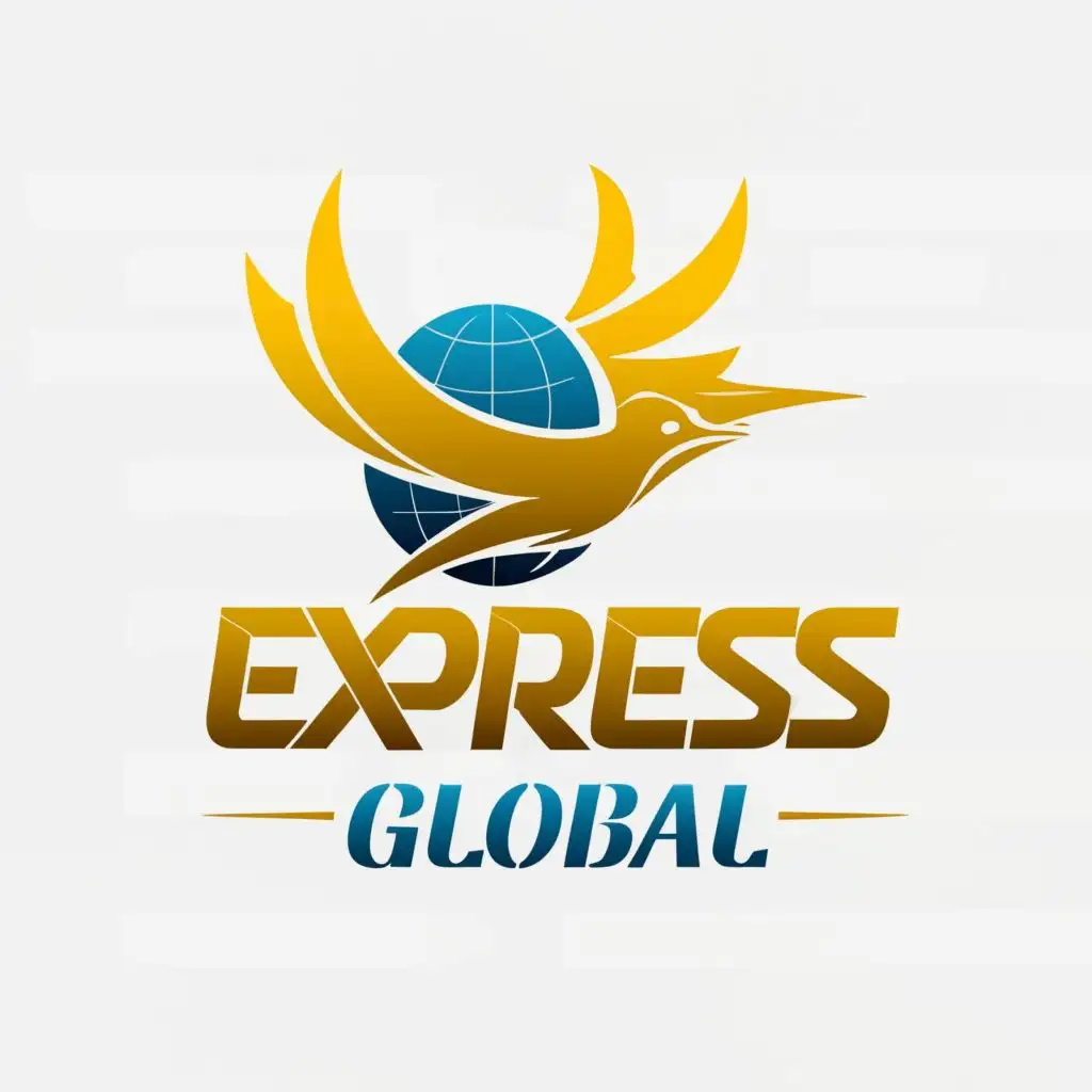 logo, Bird of Paradise and Globe blue, with the text "Express Global" black, color "BLACK & GOLD" typography