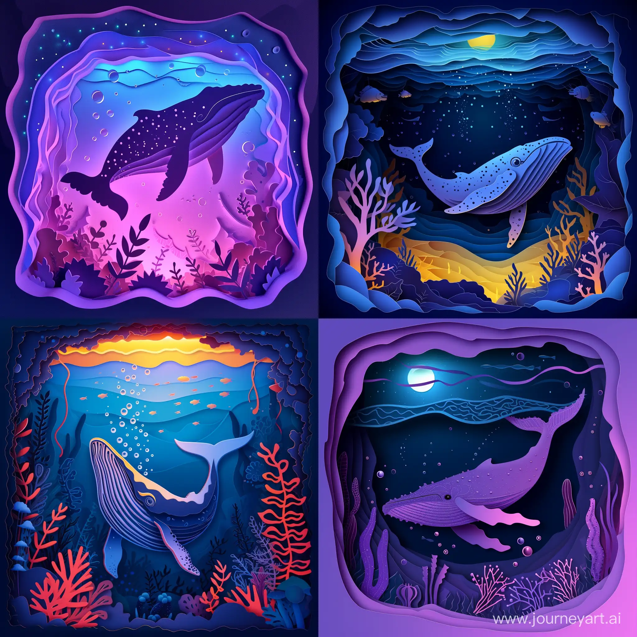 cut paper art of under the water in vector style with whale, neon colors, high quality details