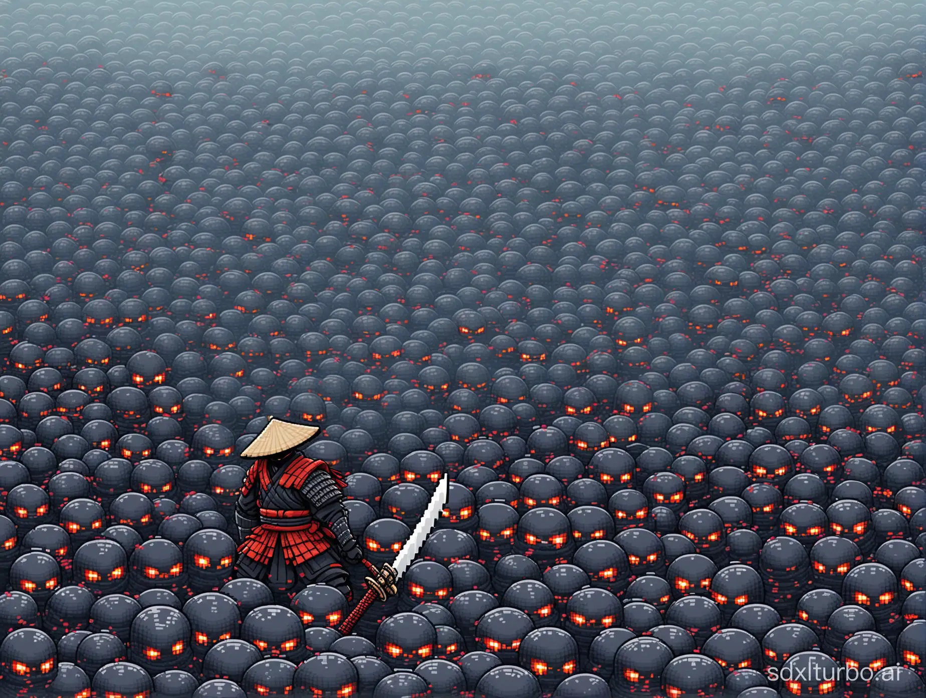 A pixelated ronin with a conical hat and a samurai sword battles swarms of black slimes.