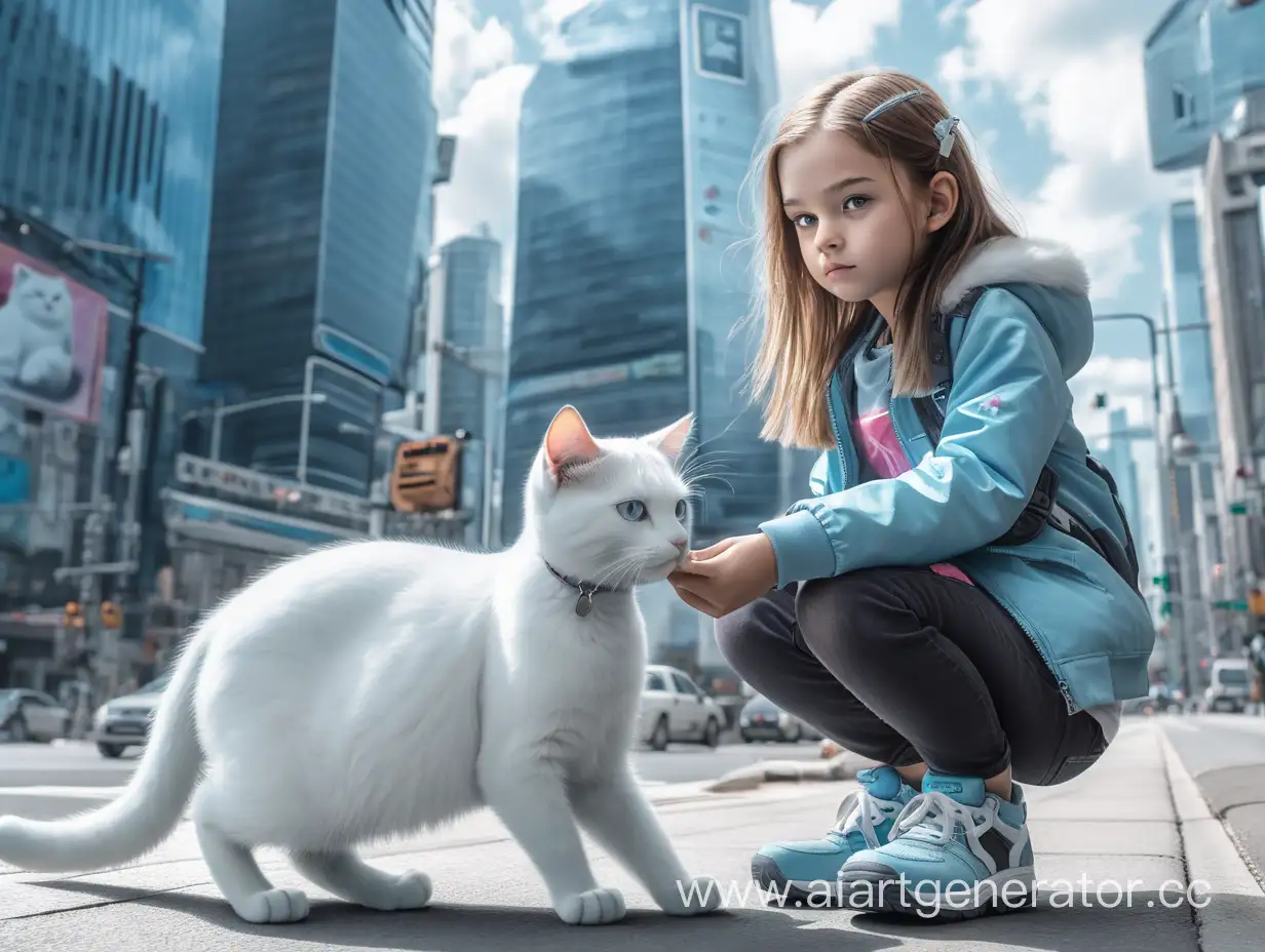 A 12-year-old girl, alone in a big city with a cat. She got lost. The future, cyberbank, beauty, white cat with modification