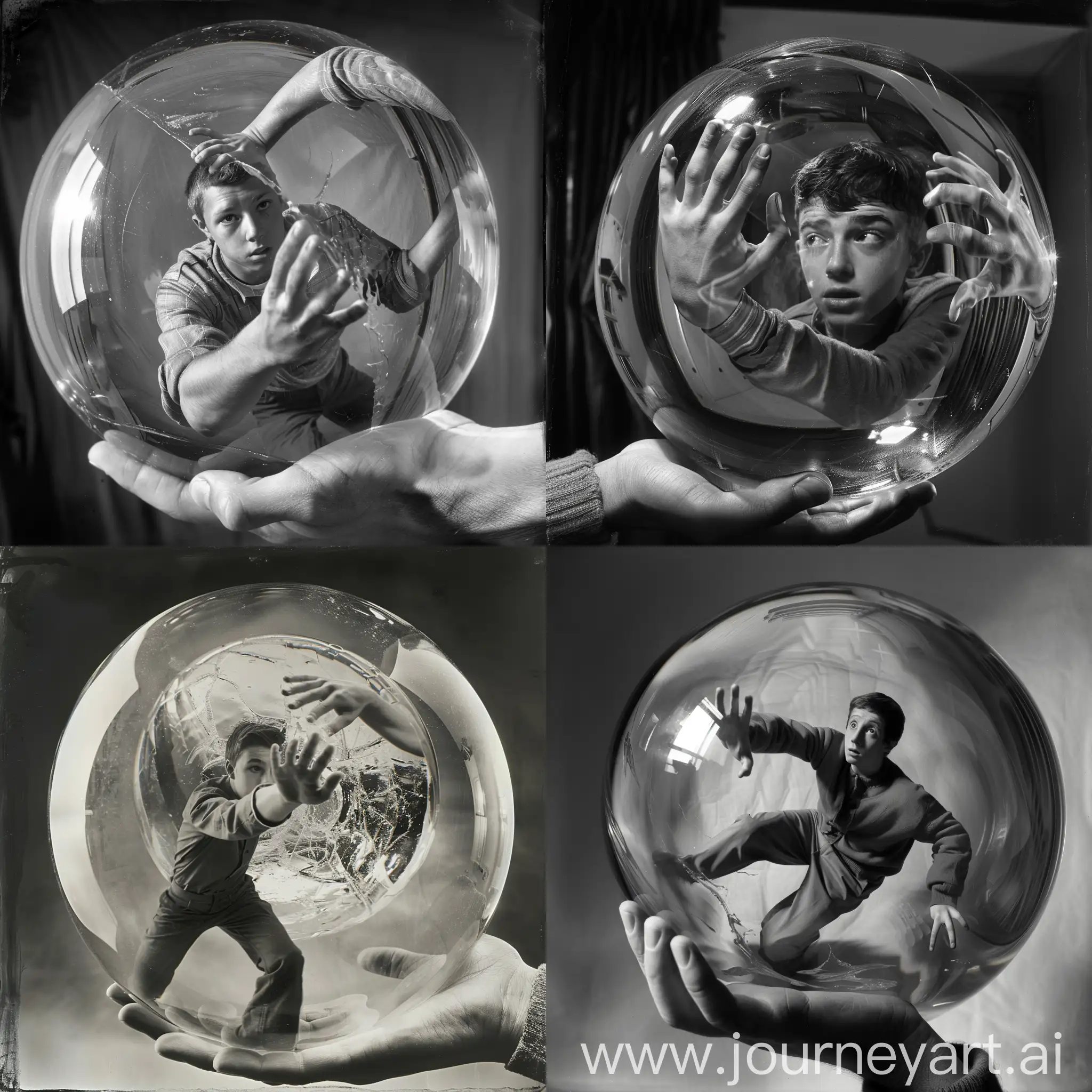 Escher style. Hand holding a big ball of glass. In the ball  a young male pushing his hands against the glass