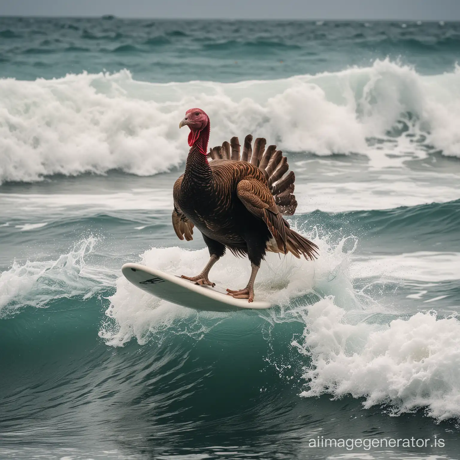 a photo of a turkey surfing in the ocean